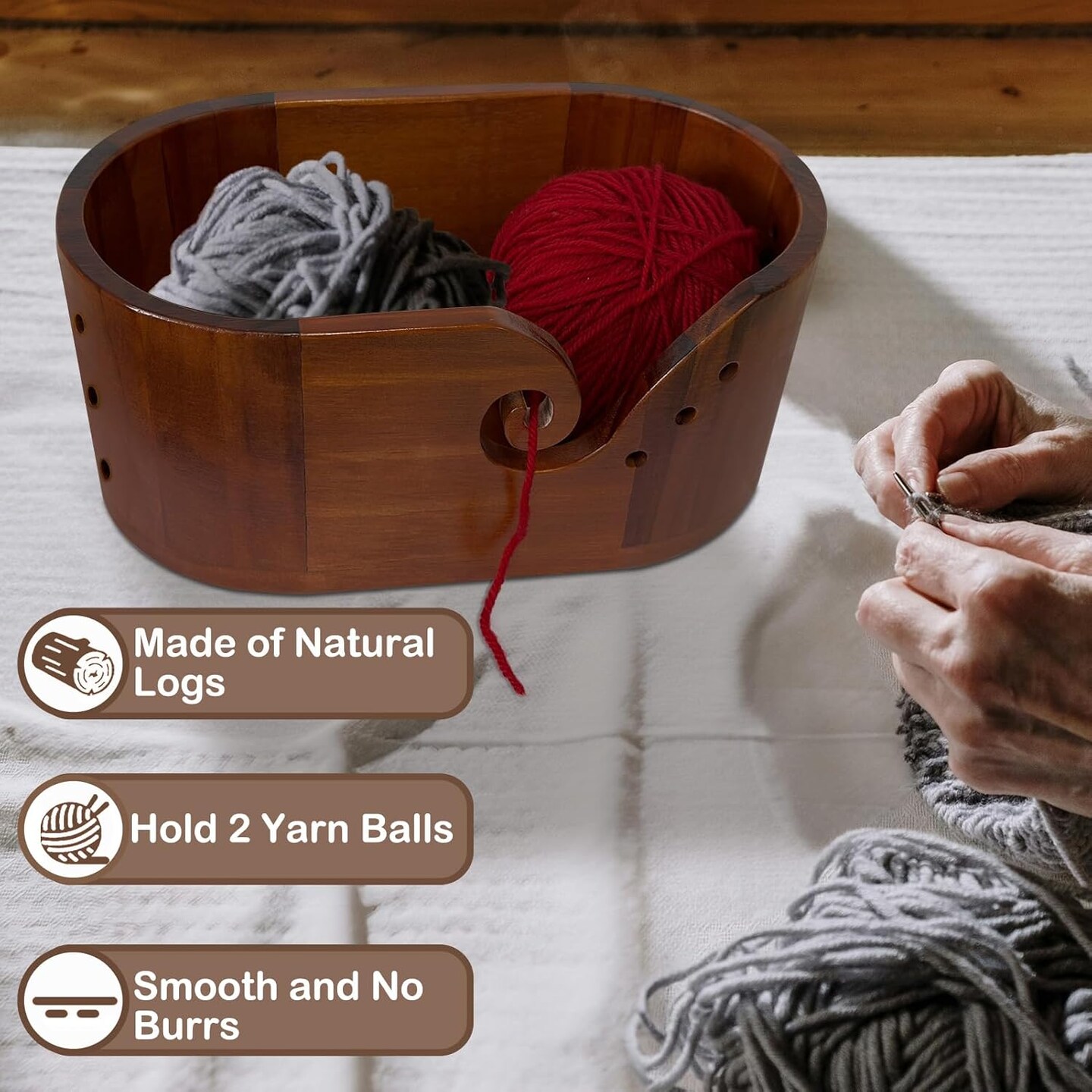 Yarn Storage Bowl Handmade Wood Crochet Accessories,Yarn Bowl Premium Knitting Organizer (Red)