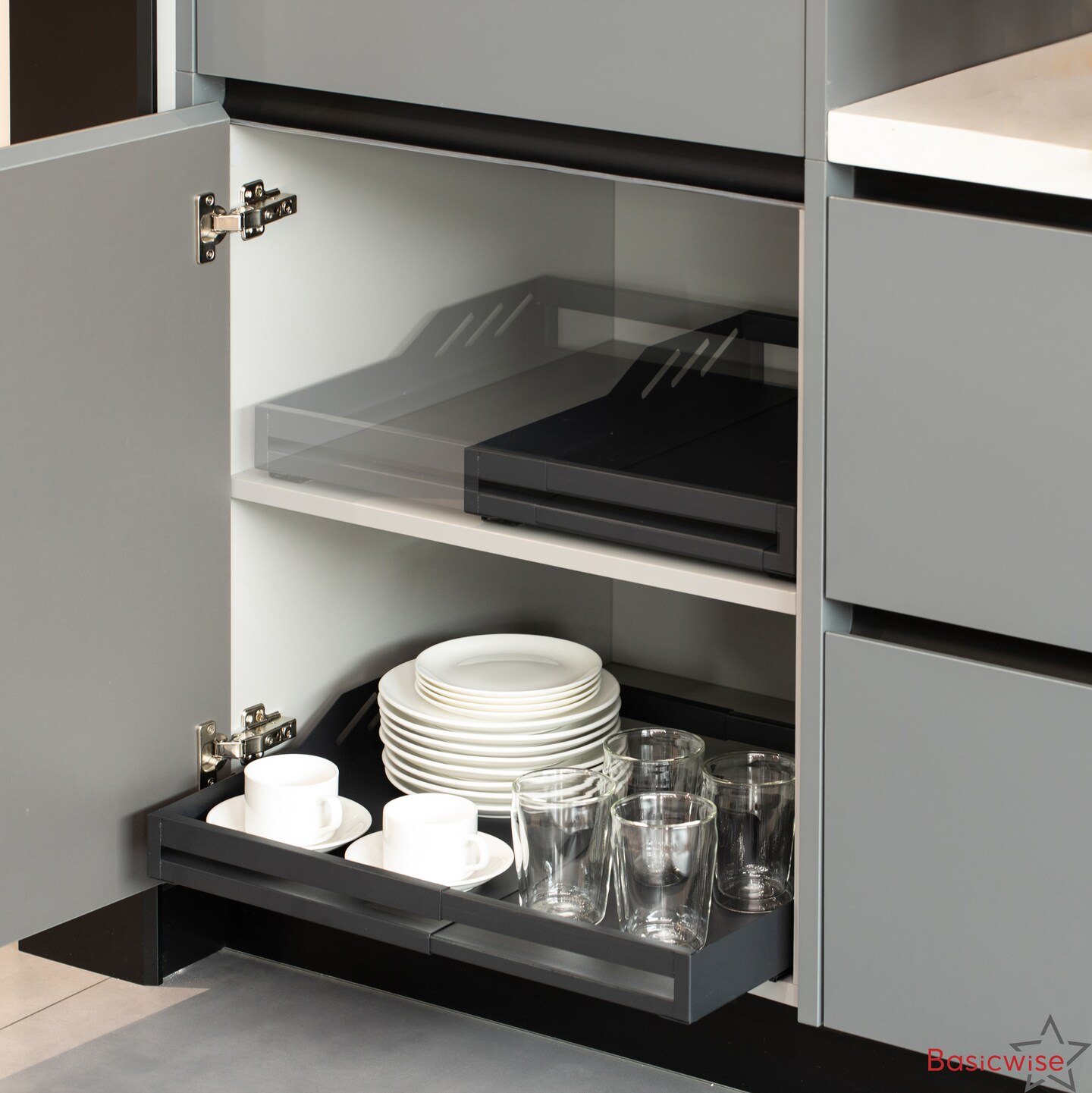 Basicwise Expandable Deep Drawer Organizer Adjustable Pull-Out Cabinet Storage Tray for Kitchen Organization Ideal for Cookware Dinnerware Food Containers Utensils Bakeware & Pantry Essentials