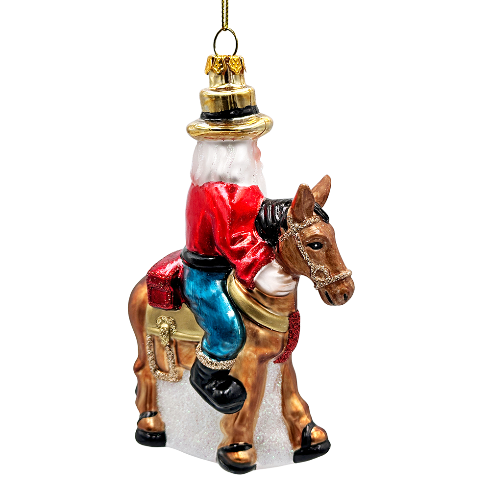 Hardy Wild Western Cowboy Santa Glass Christmas Ornament, Vintage Horse Ridin Farm Style Decor