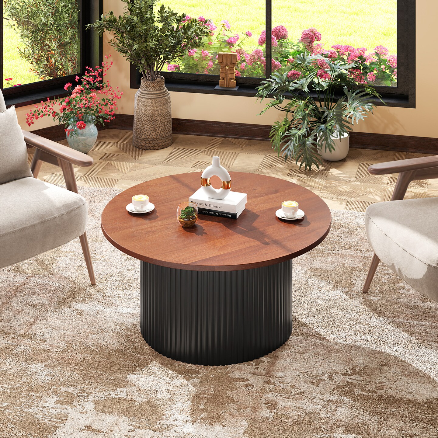 Walnut Solid Wood Round Coffee Table with Wave Support