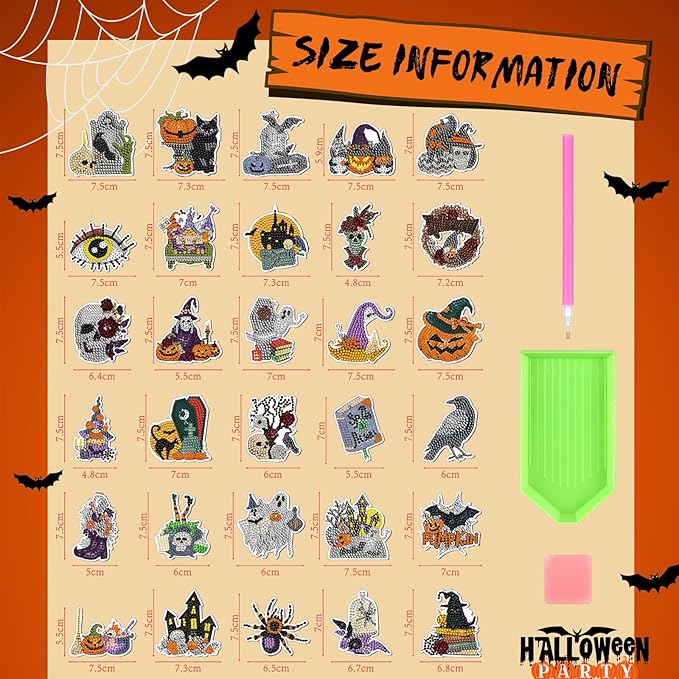30 Pcs Halloween Diamond Art Magnets Kits DIY Skull Ghost Pumpkin Crow Spider Diamond Painting Fridge Magnetic Stickers Scary Gem Art Magnets for Beginners Holiday Decor Home