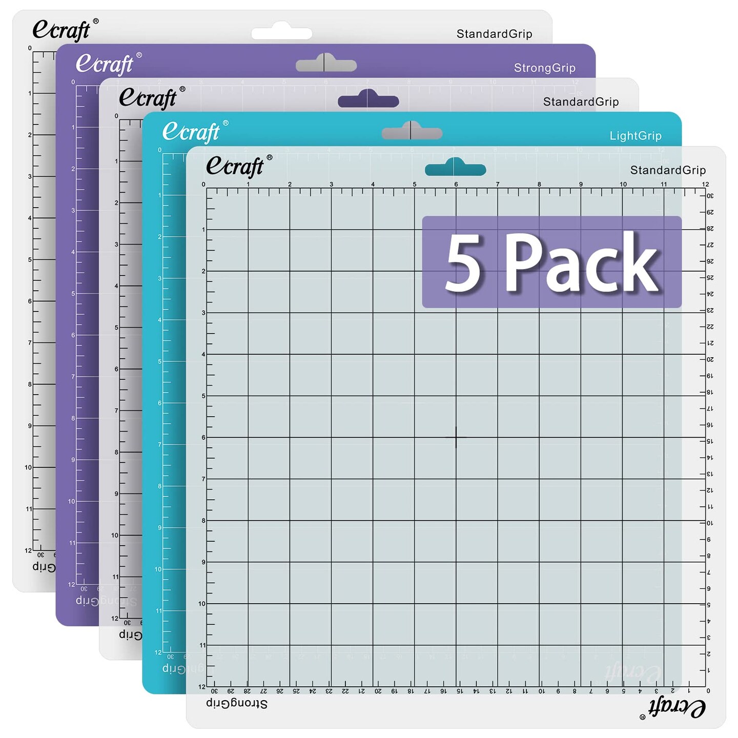 12x12 Cutting Mat 5-Pack for Silhouette Cameo 5/4/3/2/1, Variety Grip (StrongGrip, StandardGrip, LightGrip), Gridded Non-Slip Replacement Mats for Crafts, Quilting & Sewing