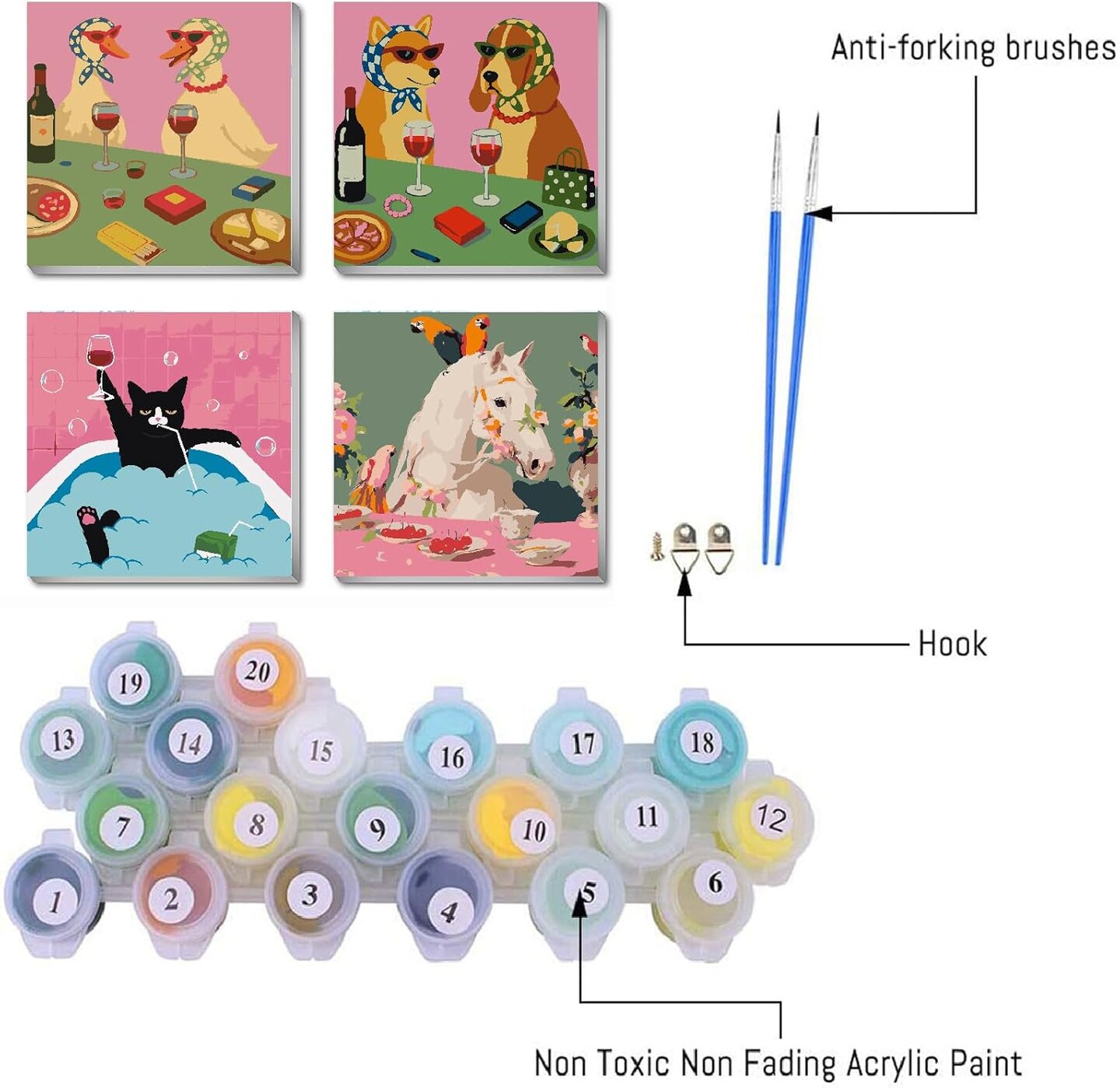 4 Pack Paint By Number Kits for Adults – Funny Animals & Horse DIY Acrylic Paint by Numbers with Frame, Beginner-Friendly Mini Canvas Wall Art Set for Home Decor & Gift, 8x8 Inch