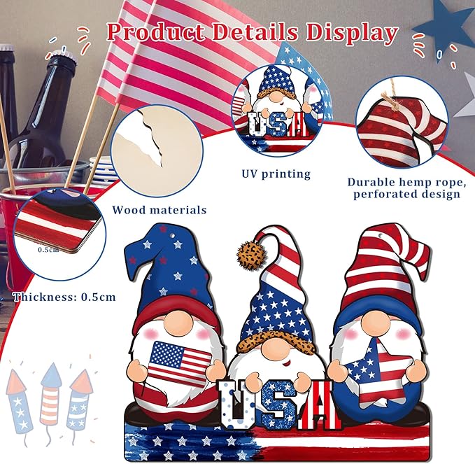 4th of July Gnome Door Sign - 250th Anniversary Patriotic Wooden Plaque - 12" Rustic American Flag Gnome Hanging Decor for Independence Day, Memorial Day & Summer Front Porch