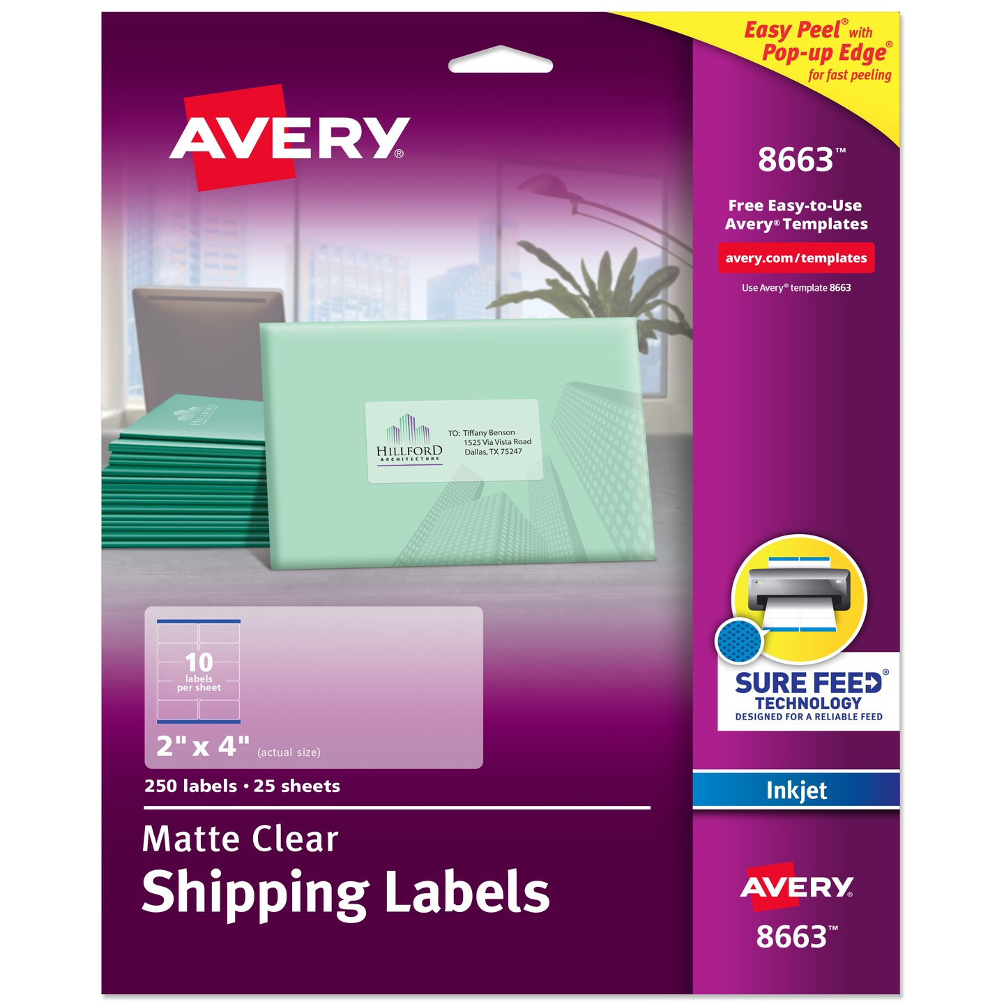 Avery Matte Clear Shipping Labels, Sure Feed Technology, Inkjet, 2&#x22; x 4&#x22;, 250 Labels (8663)