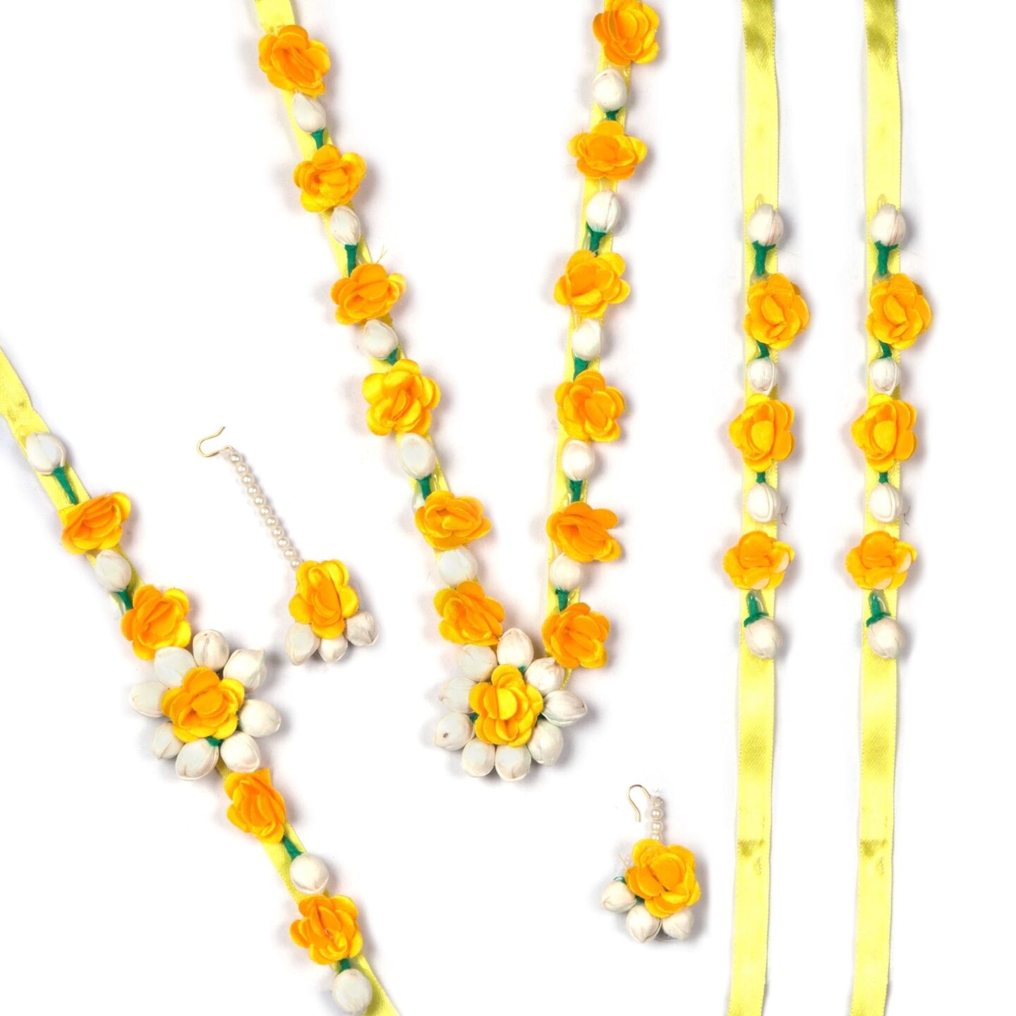 Flower Designer Jewelry Set for Women Handmade Necklace with Earrings Maang Tikka Wristbands Waistbelt Indian Artificial Jewelry for Haldi Mehndi Wedding Party Bridal