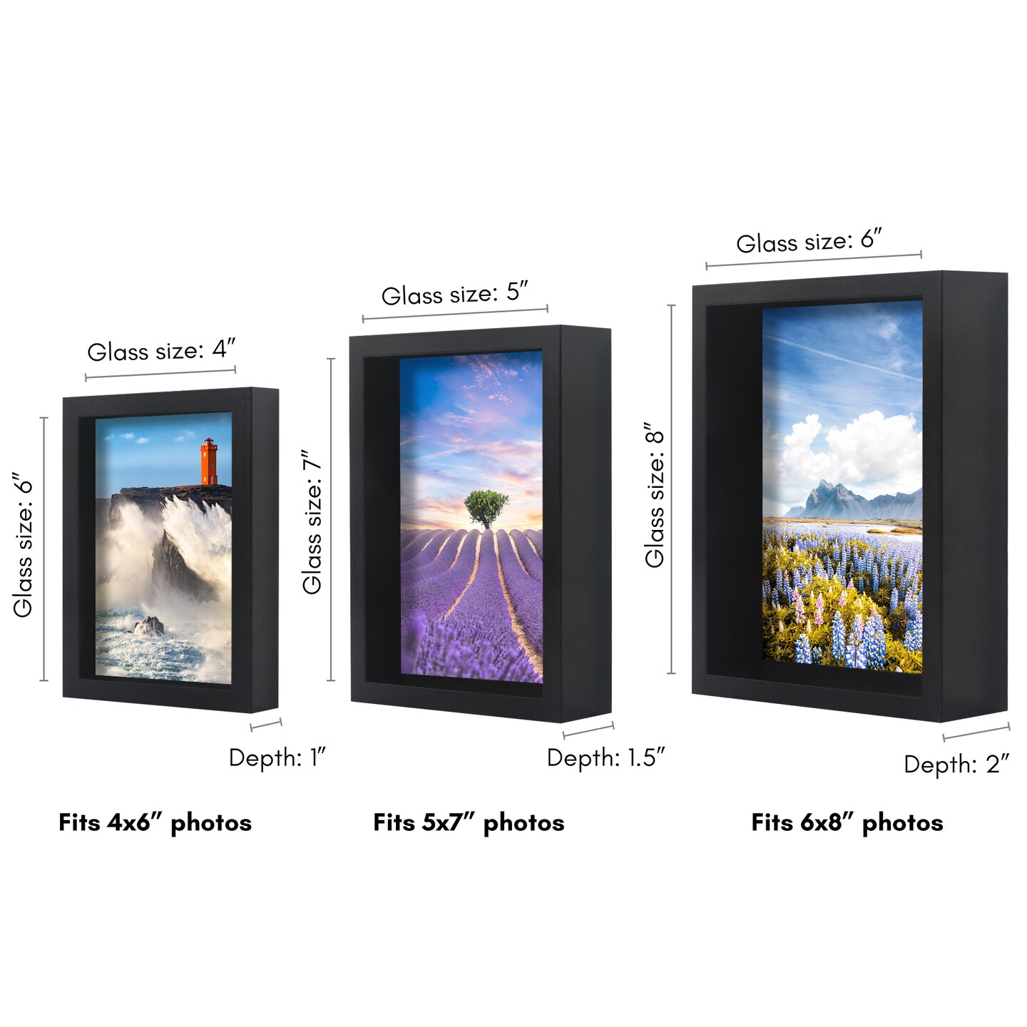 Americanflat Set of 3 Picture Frames - Includes 4x6, 5x7, 6x8 Frames - Black Picture Frames with Deep, High-Quality Molding and Shatter-Resistant Glass for Tabletop or Wall Display