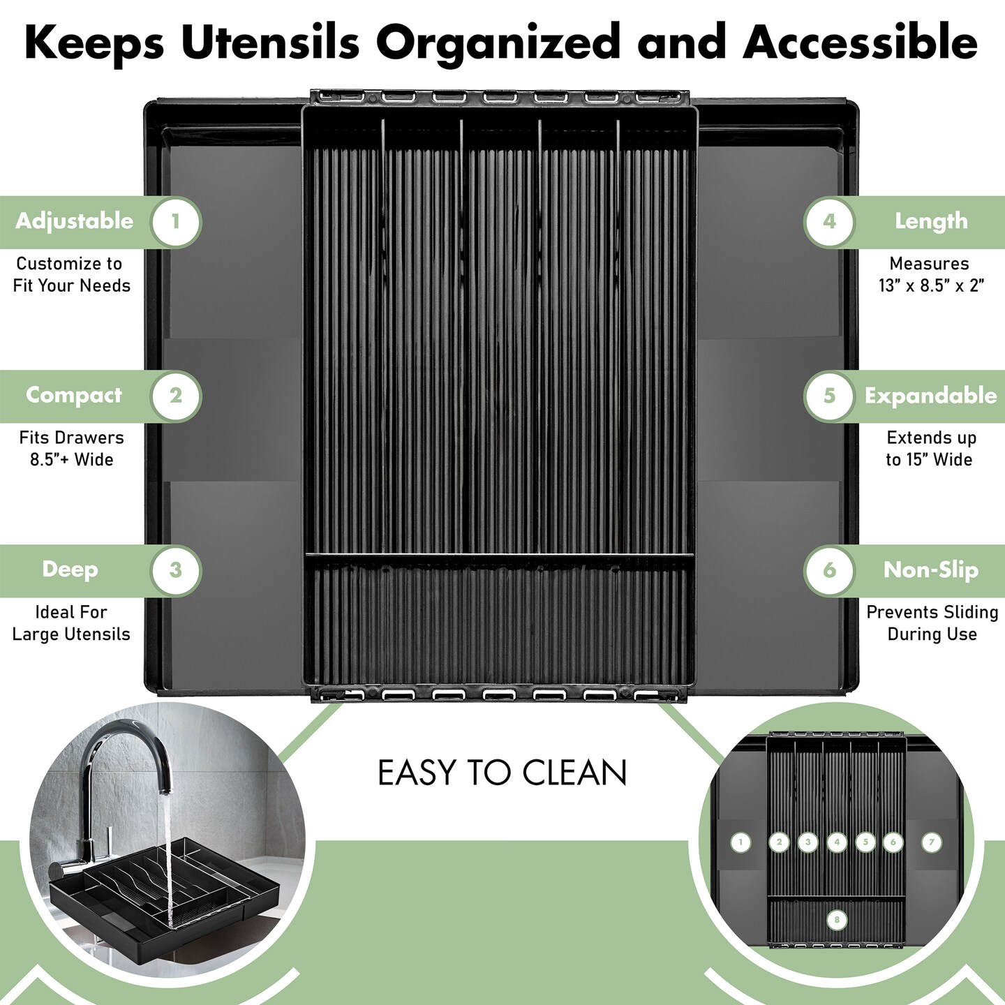 Sorbus Silverware Organizer – Expandable Kitchen Drawer Organizer, Non Slip Adjustable Utensil Organizer, Cutlery Tray for Forks, Knives, Spoons – Multipurpose Flatware and Kitchen Storage Solution