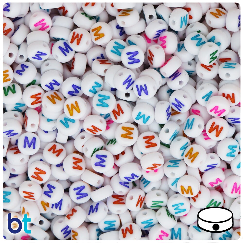 BeadTin White Opaque 7mm Coin Plastic Alpha Beads - Colored Letter M (100pcs)