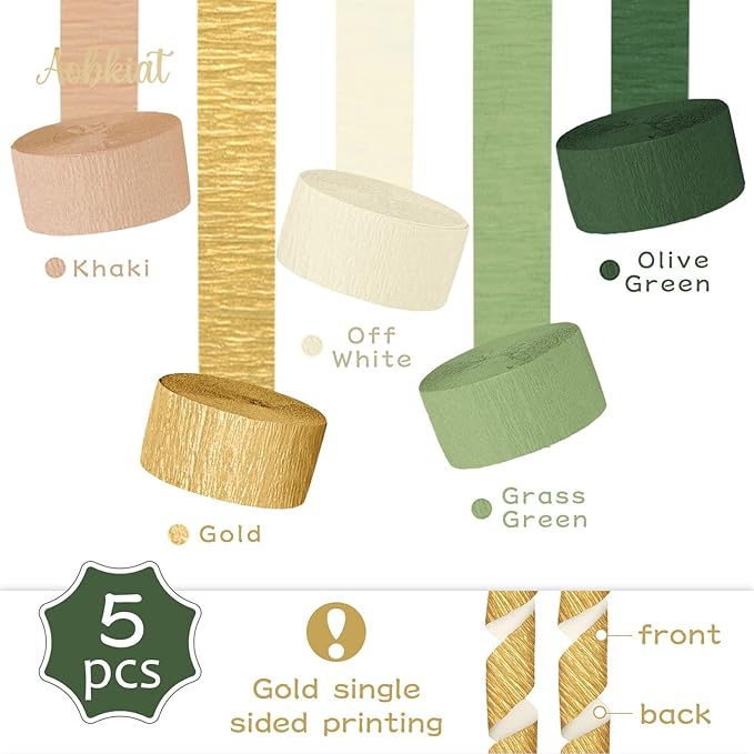 5 Rolls Olive Green & Khaki Crepe Paper Streamers for Boho Weddings, Birthdays, Bridal & Baby Showers