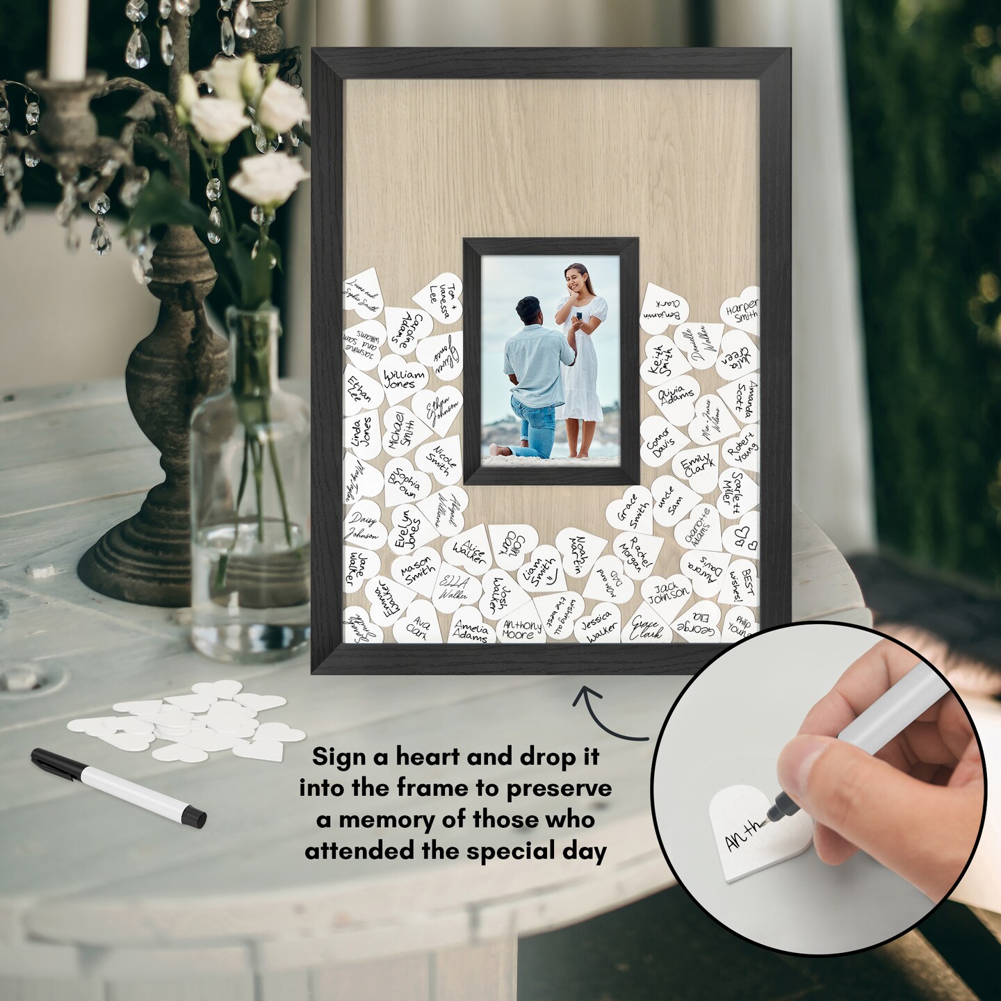 Americanflat 12x16 Wedding Guest Book Alternative with 80 Heart Tokens - Fits One 4x6 Photo