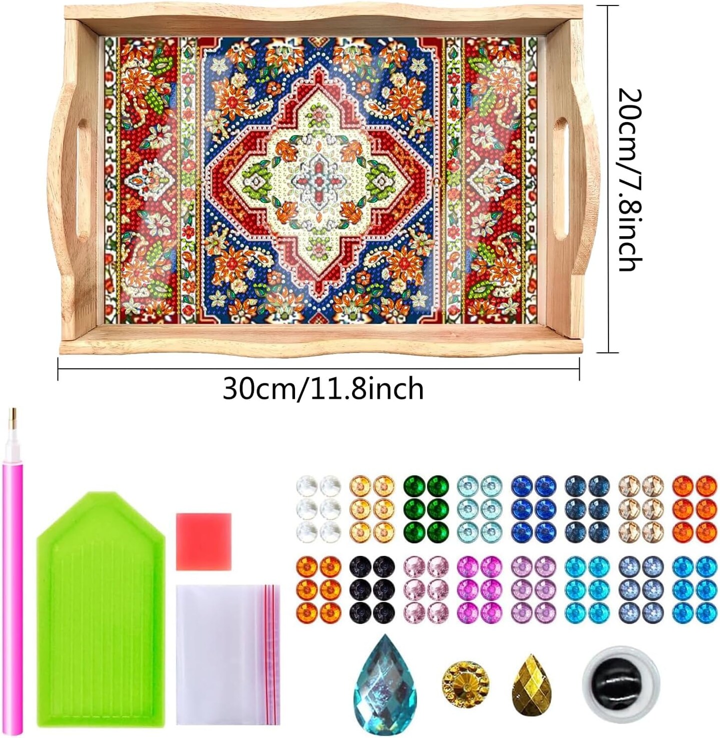 5D Diamond Painting Wooden Serving Tray Kit – DIY Mandala Gem Art Tray with Handles, Big Diamond Dots Paint-by-Number Craft for Adults, 7.8x11.8 in