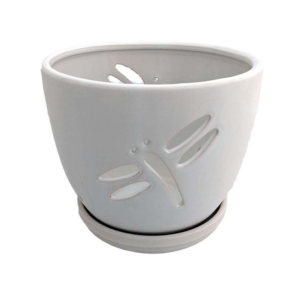 Dragonfly Matte White Ceramic Orchid Pot and Saucer + Felt Feet-5 1/2" x 5 1/4"