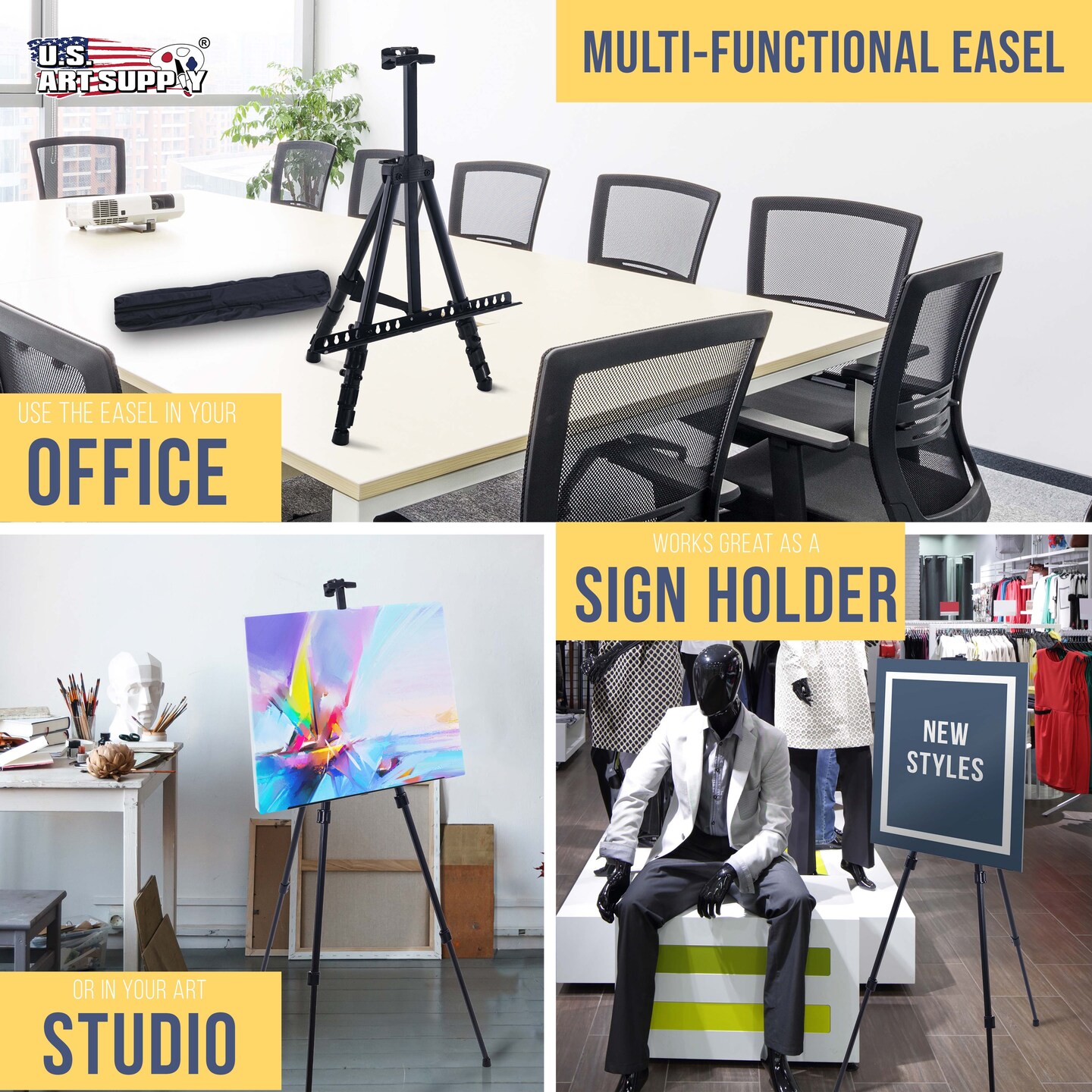 U.S. Art Supply 66" Black Metal Tripod Easel Display (10 Pack) - Adjustable 20"- 5.5', Holds 32" Canvas - Floor/Tabletop Easel Stand, For Sign Display, Painting, Poster Board, Canvas - Portable Bag