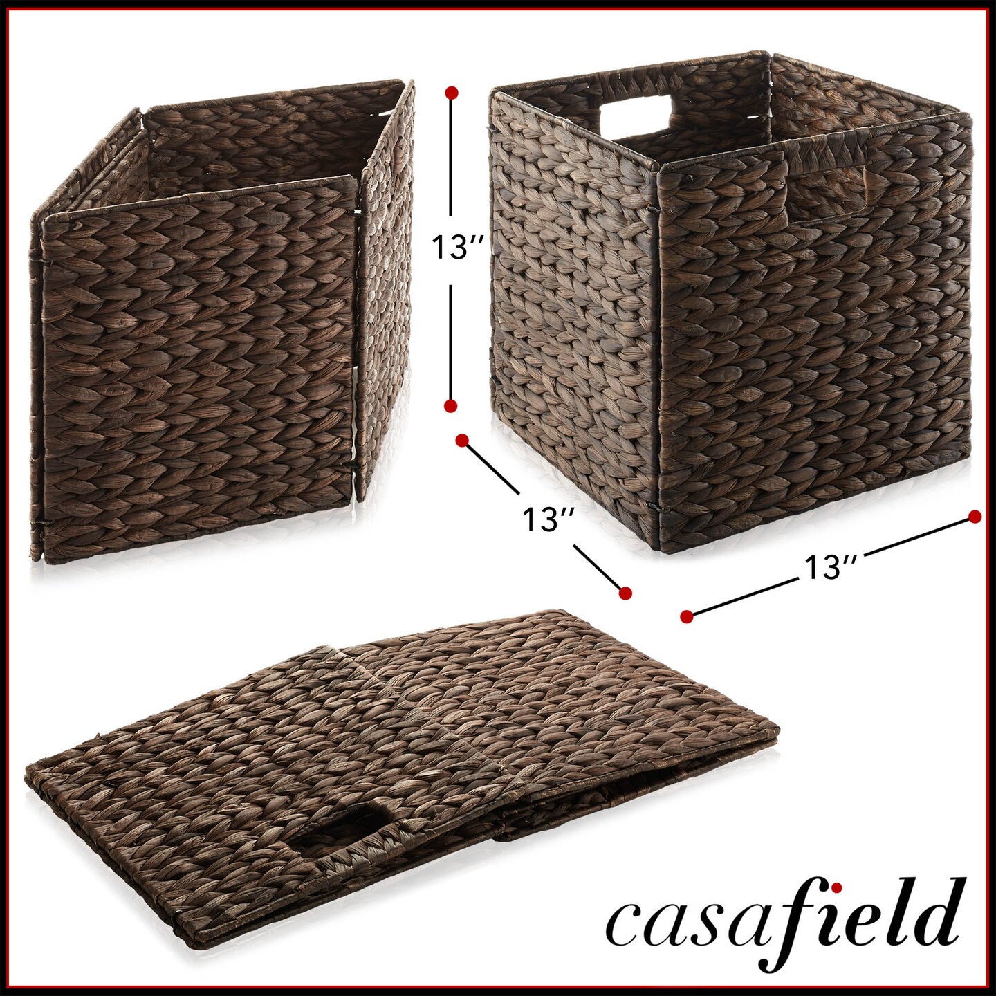 Casafield 13" x 13" Water Hyacinth Storage Baskets Collapsible Cube Organizers, Woven Bins for Bathroom, Bedroom, Laundry, Pantry, Shelves