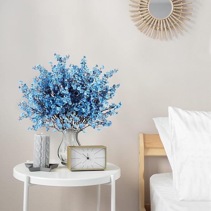 15 Pcs Babys Breath Artificial Flowers Gypsophila Bouquets Bulk Real Touch Fake Silk Flowers for Home Wedding DIY Floral Arrangement Kitchen Table Centerpiece Decoration (Blue with Purple)