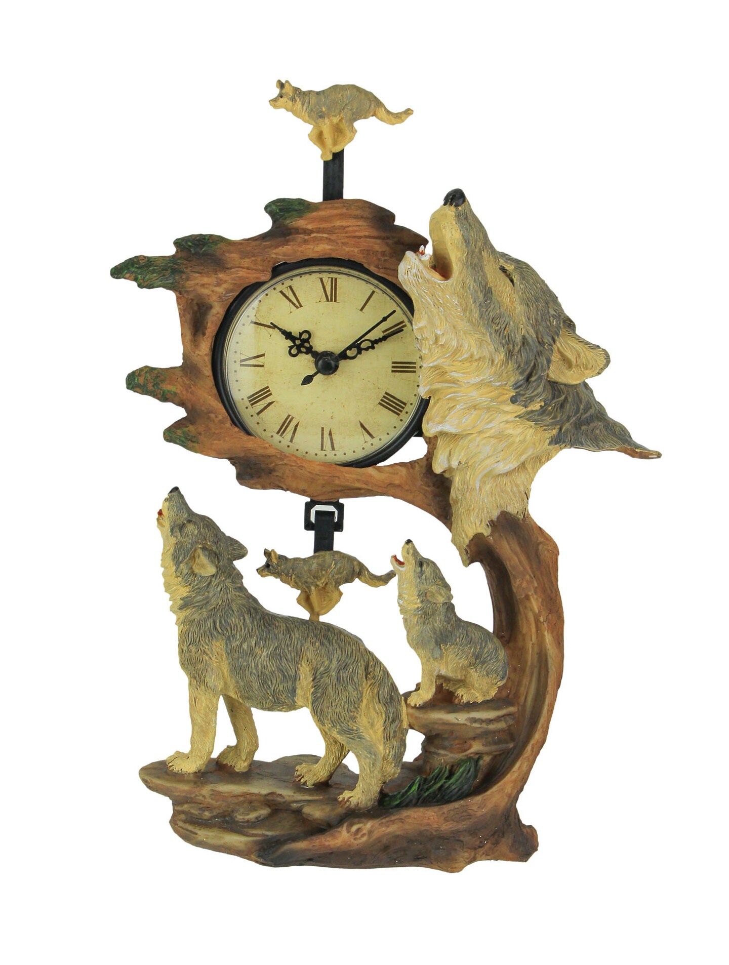 Howling Wolf Family Hand Painted Pendulum Table / Mantel Clock