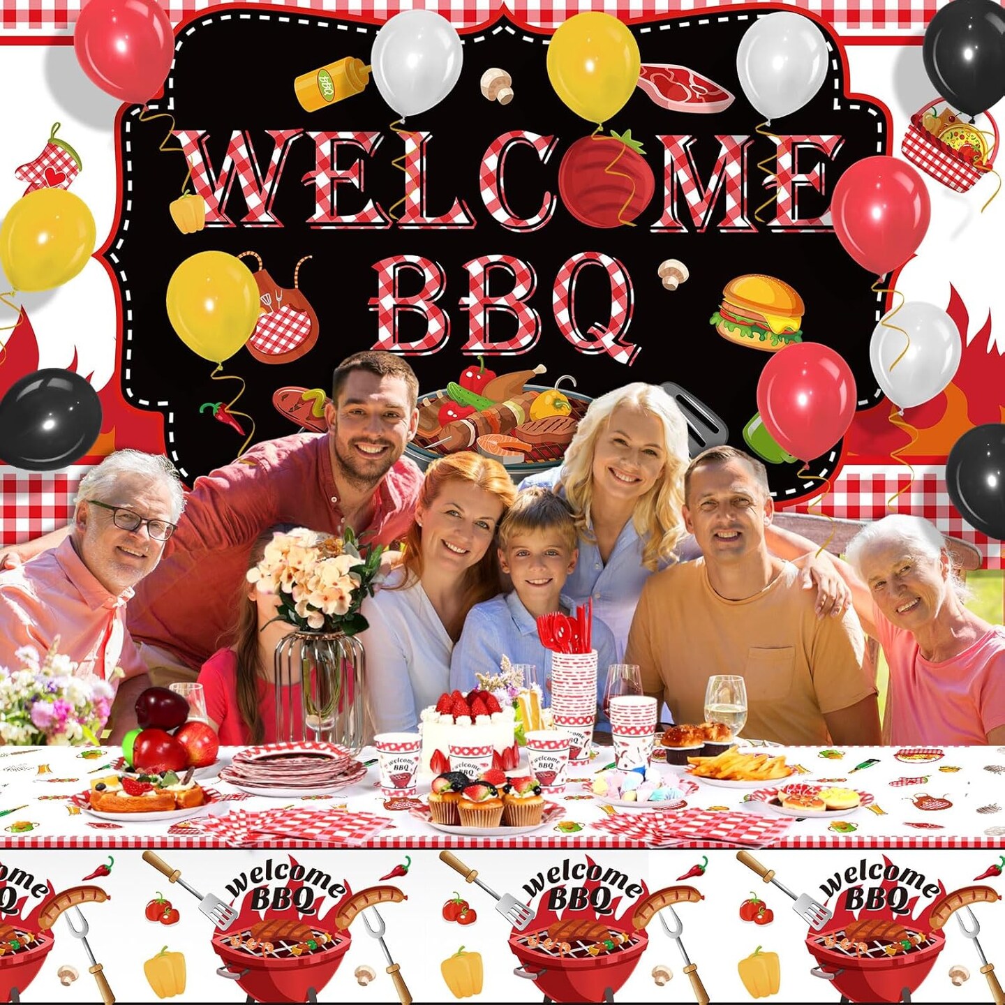 165 Pcs Summer BBQ Party Supplies Picnic Barbecue Decorations BBQ Background Cloth with Rope Picnic Plastic Tablecloth Barbecue Tableware Set