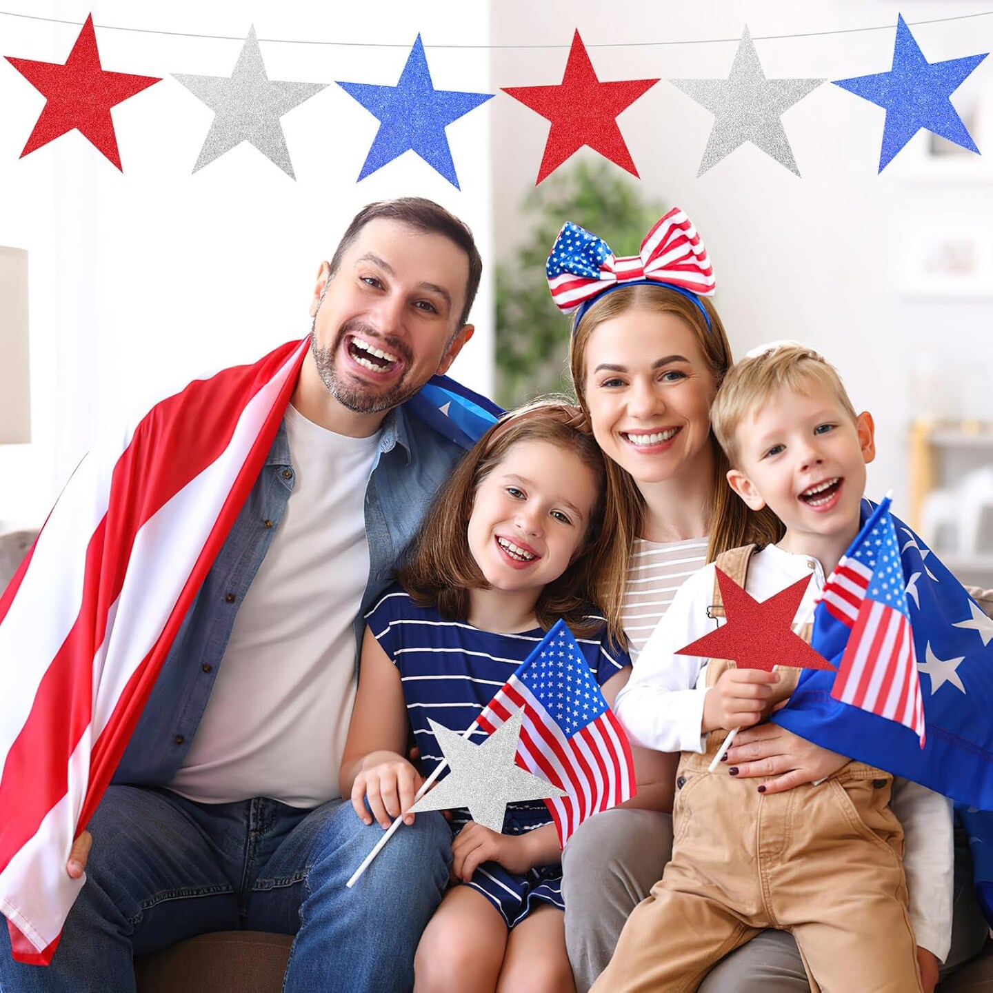 48Pcs Double Sided Glitter Stars Cutouts 4th of July for Wall Decor