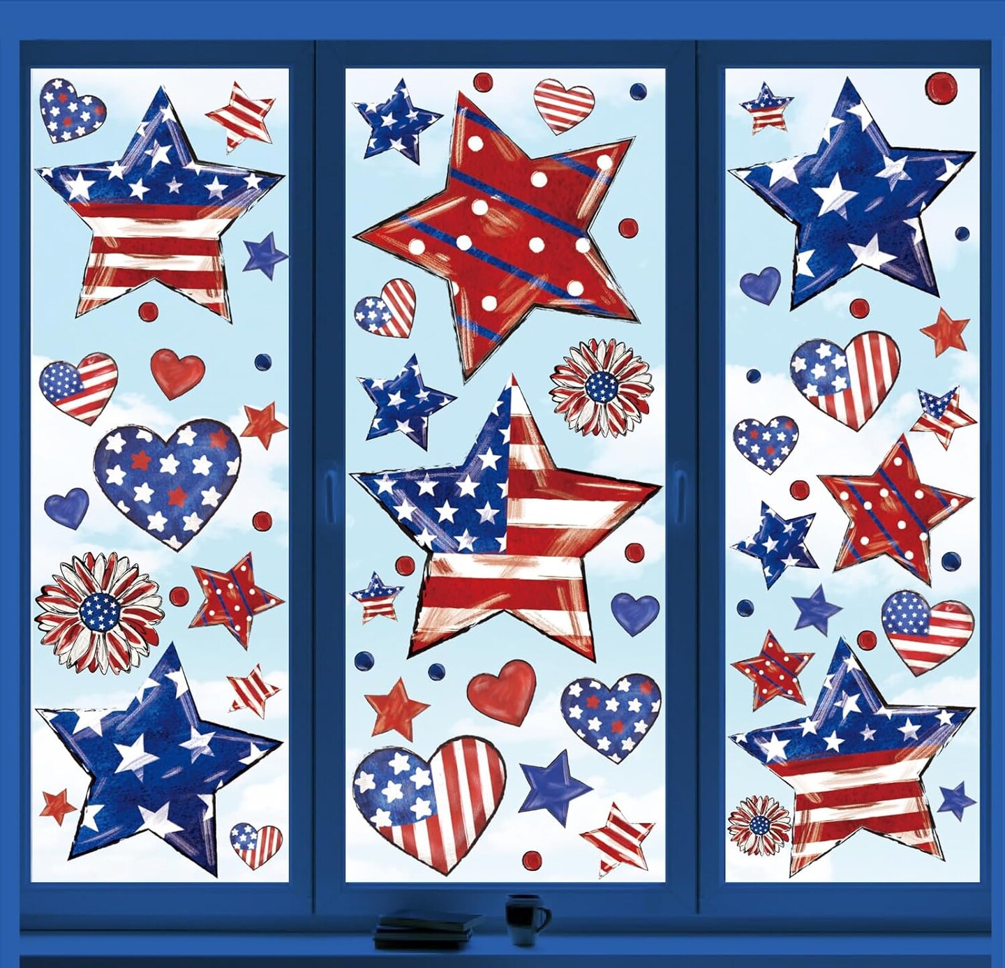 9 Sheets Patriotic Window Clings Watercolor Star Heart Window Stickers