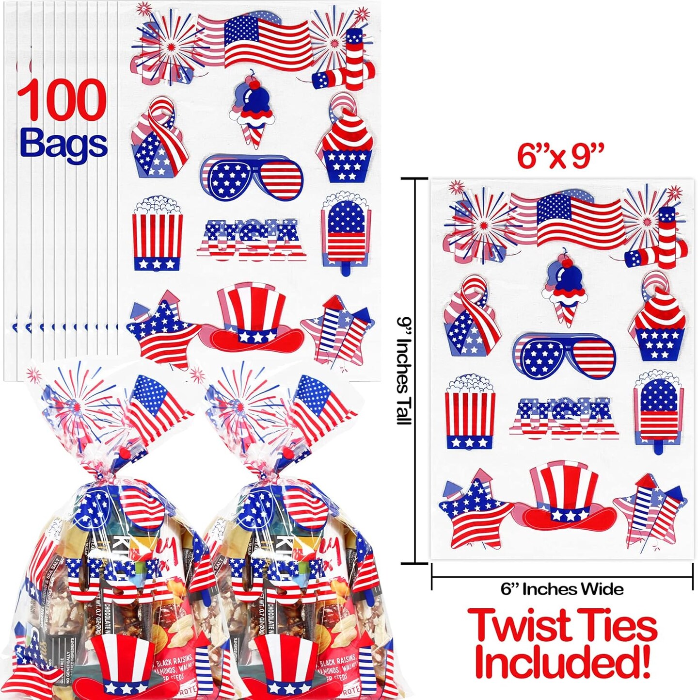 4th of July Cellophane Bags | 100 pcs (6” x 9” Inch) USA Treat Bags | 2.5 Mil Snack Bags with USA Patriotic Designs