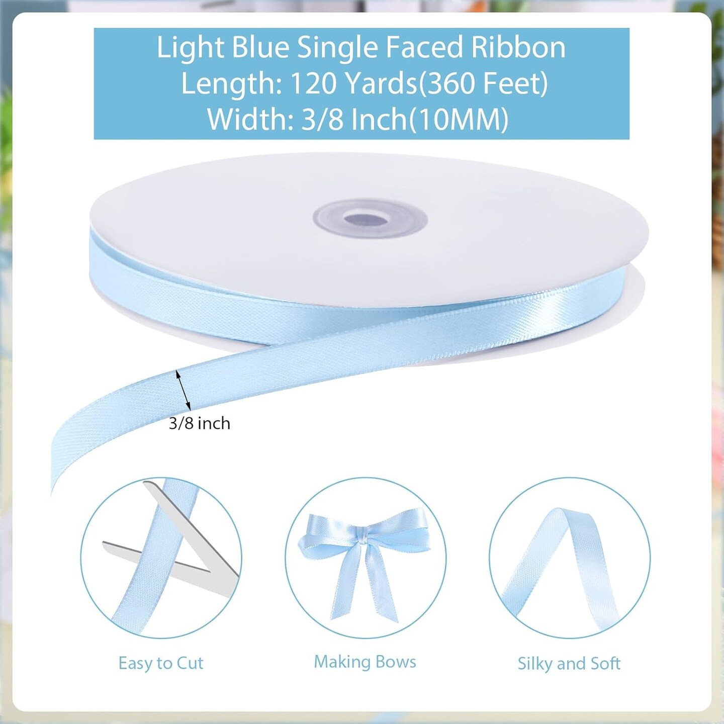 120 Yards Blue Ribbon 3/8 Inch Baby Blue Ribbon Thin Light Blue Satin Ribbons