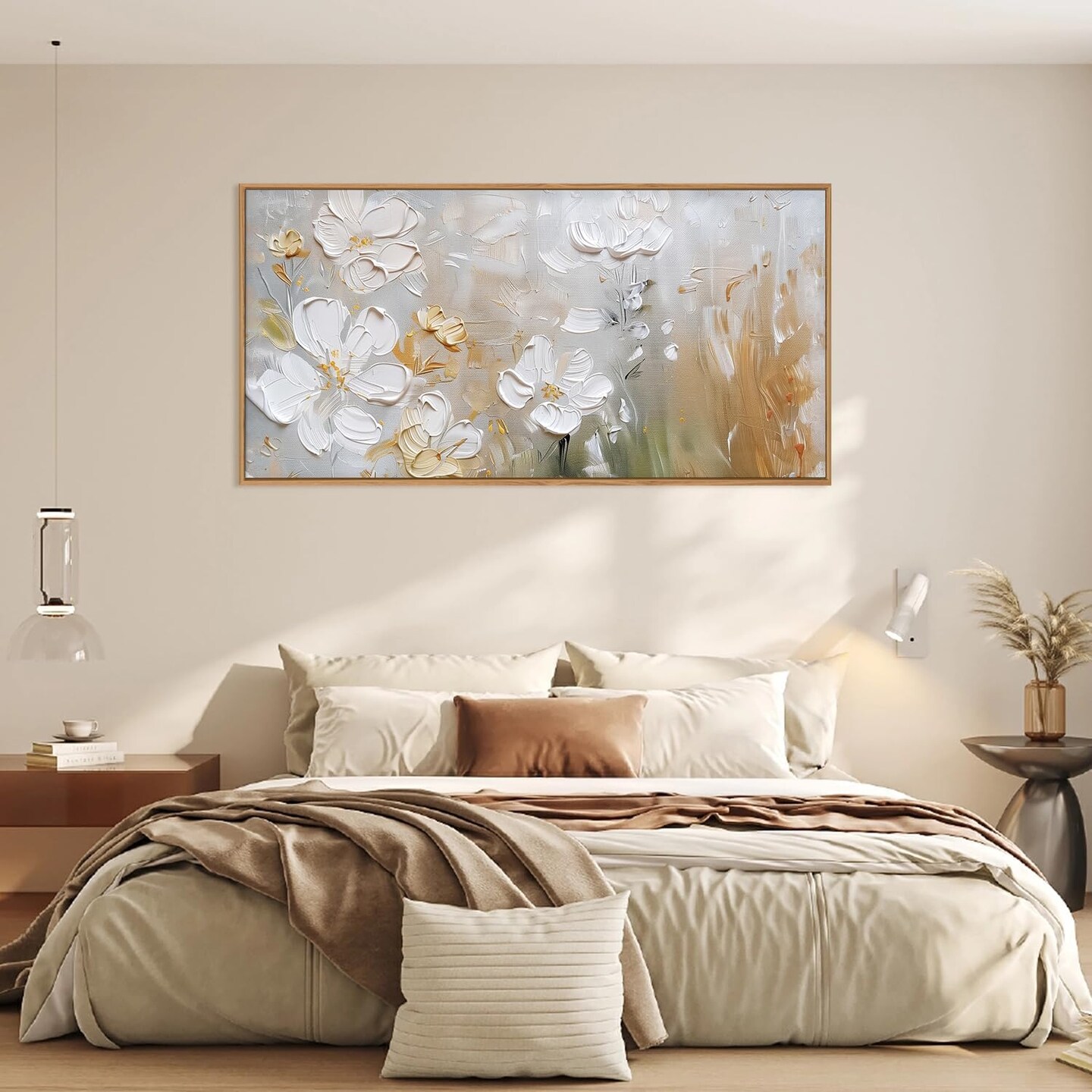 Large Hand-Painted White Flower Framed Wall Art Modern White and Gold Floral (20"x40)