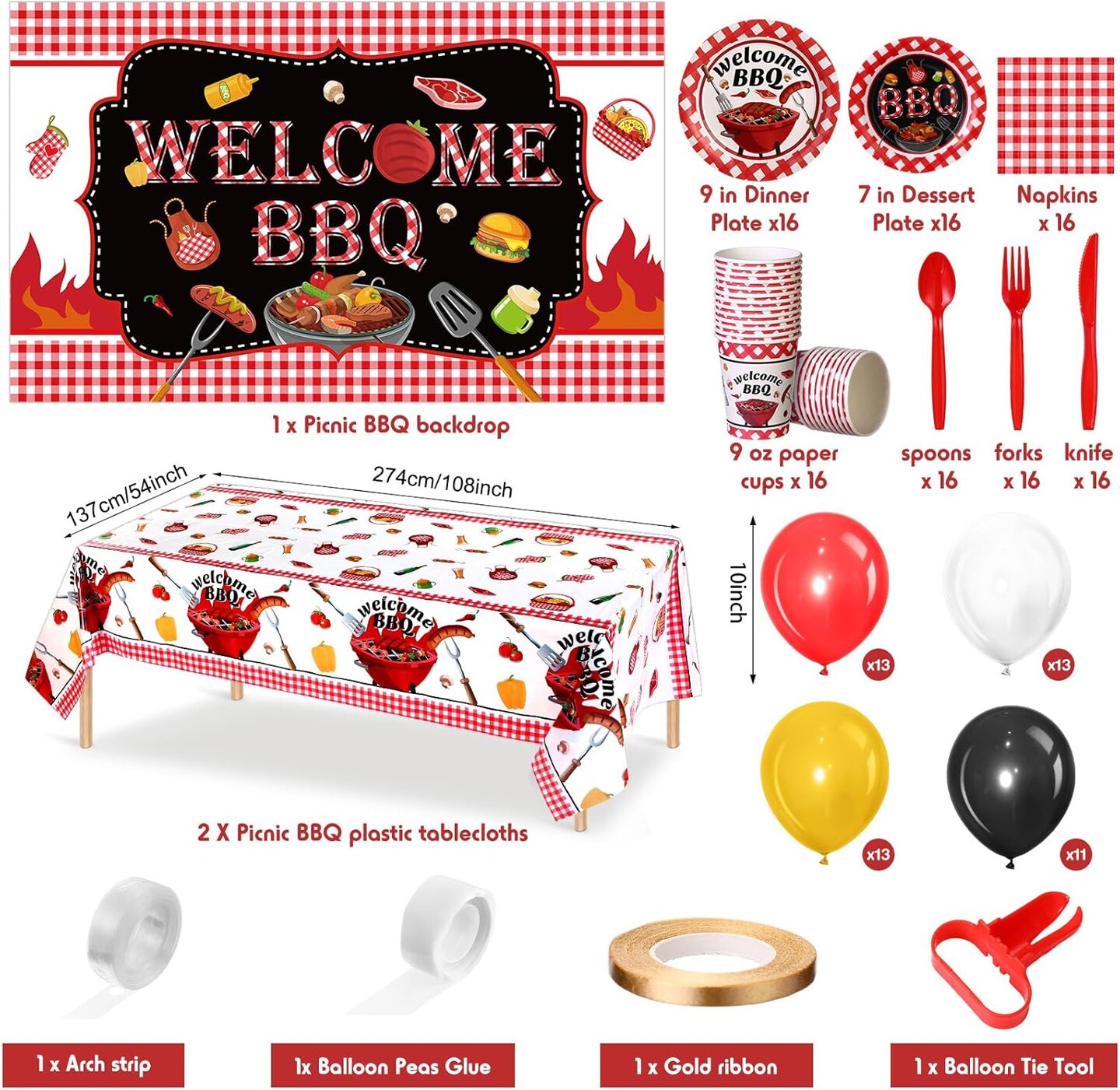 165 Pcs Summer BBQ Party Supplies Picnic Barbecue Decorations BBQ Background Cloth with Rope Picnic Plastic Tablecloth Barbecue Tableware Set