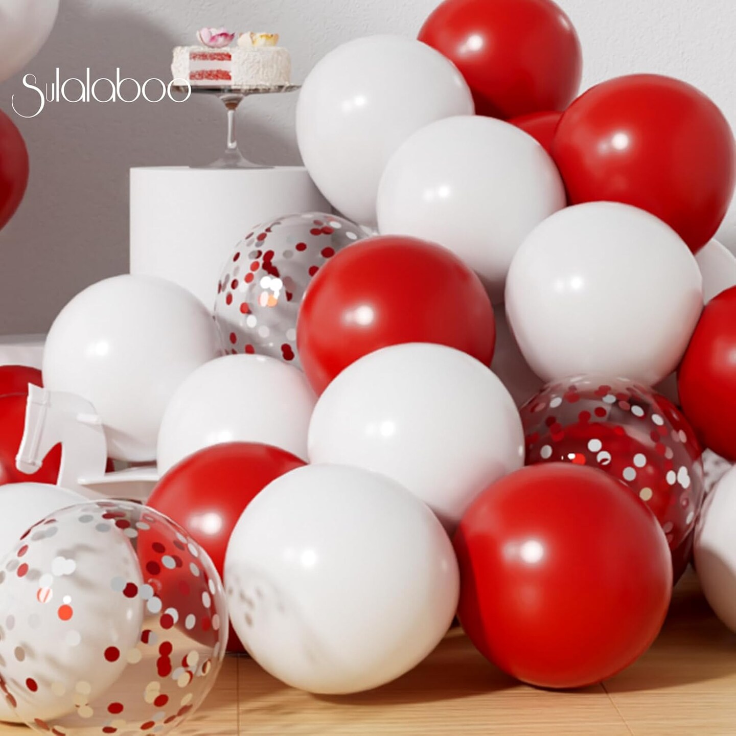 Metallic Red and White Balloons 12Inch 73PCS White Red Confetti Latex Balloons Shiny Helium Balloon Set