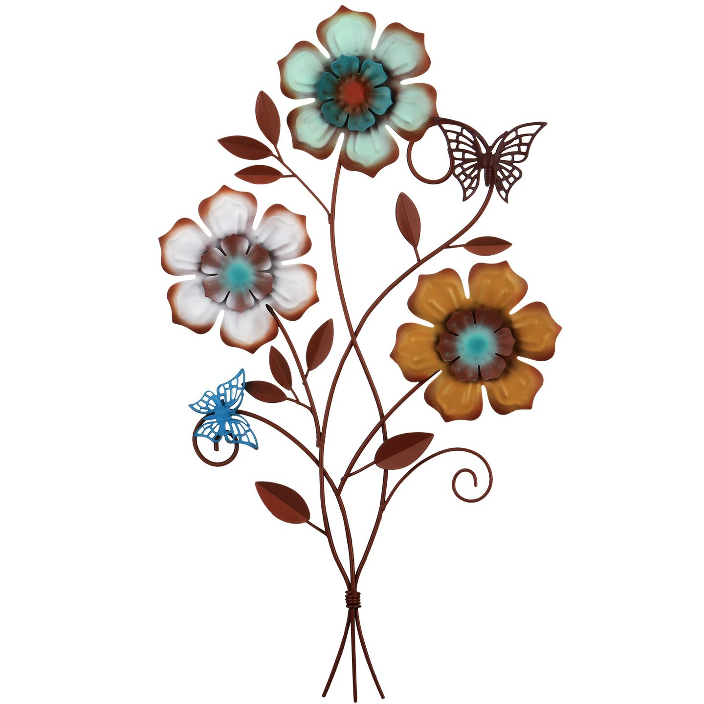 Moxweyeni Tricolor Flower Wall Decor Vintage Metal Wall Art Decor Rustic Hanging Wall Flowers Decorative Metal Floral Art for Home Living Room Bathroom Indoor Outdoor Decors, 15 x 9.1 Inch (1 Piece)