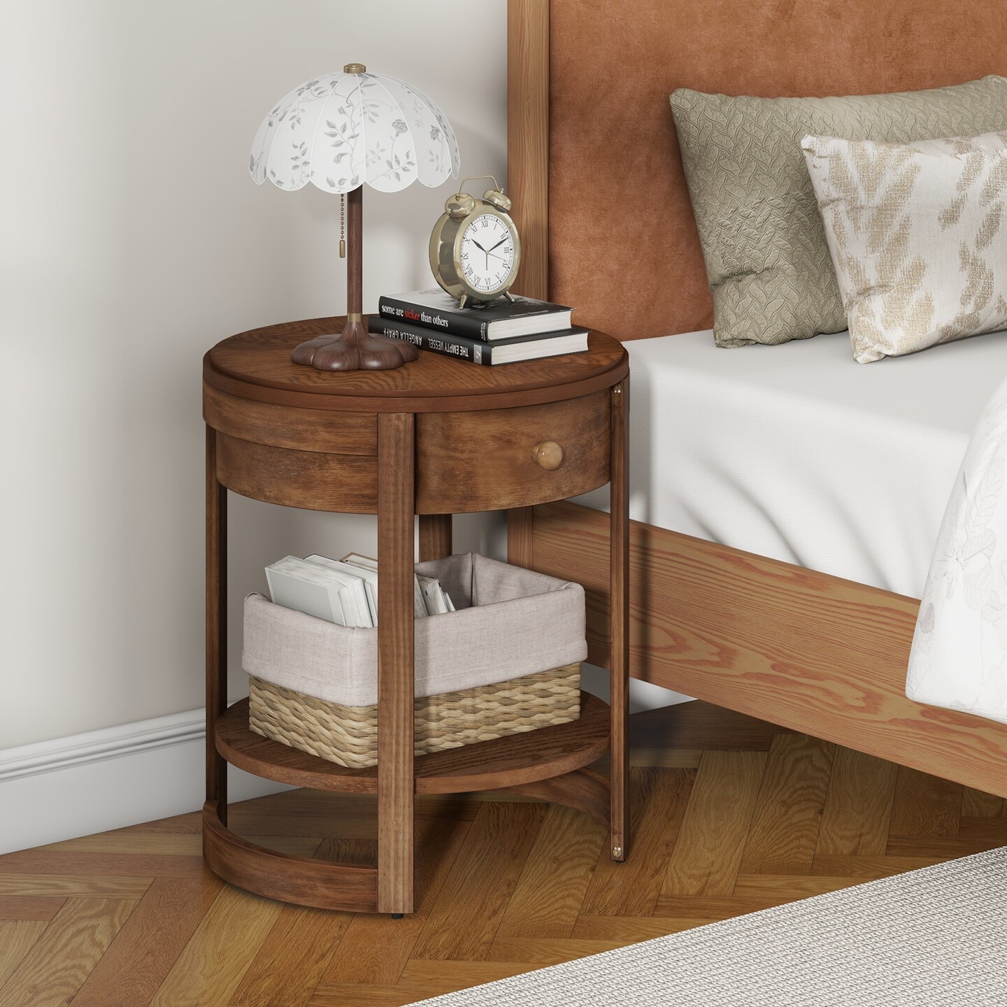 Brown 2-Tier Round Nightstand End Table with Drawer and Shelf - 19.5&#x22; x 19.5&#x22; x 24&#x22;