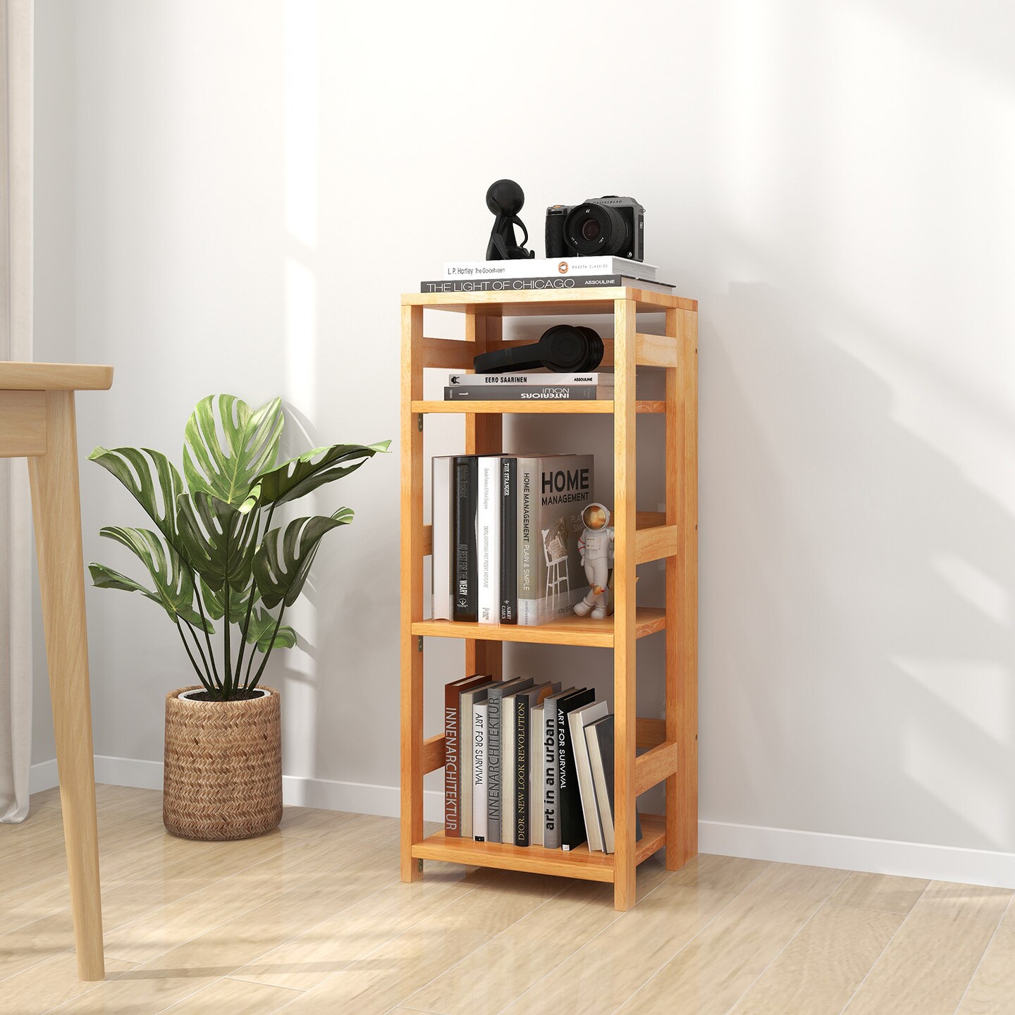 4-Tier Bookshelf Rubber Wood Bookcase with Side Fences for Living Room