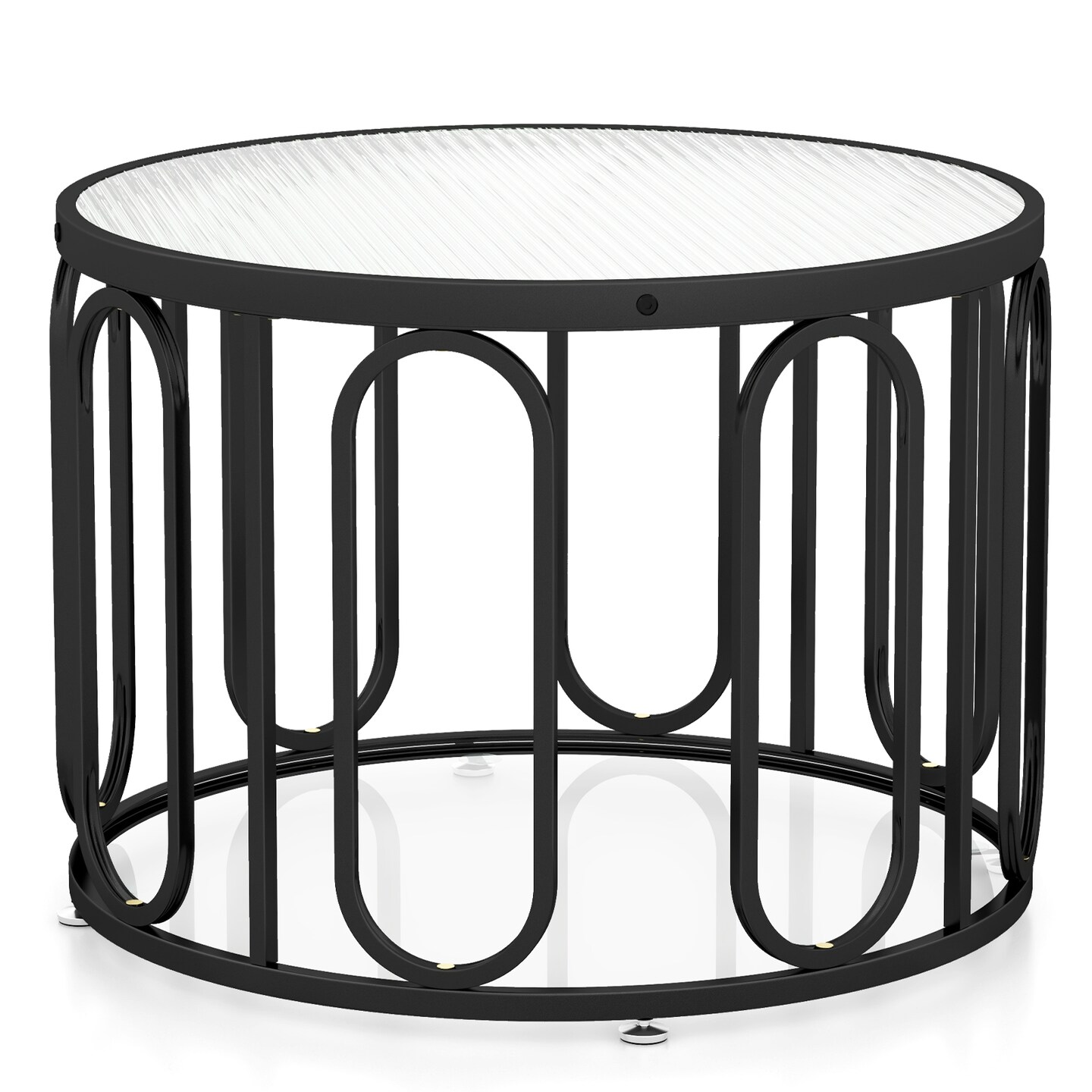 24 Inch Round Coffee Table with Reeded Tempered Glass Top and Oval Swivel Brackets