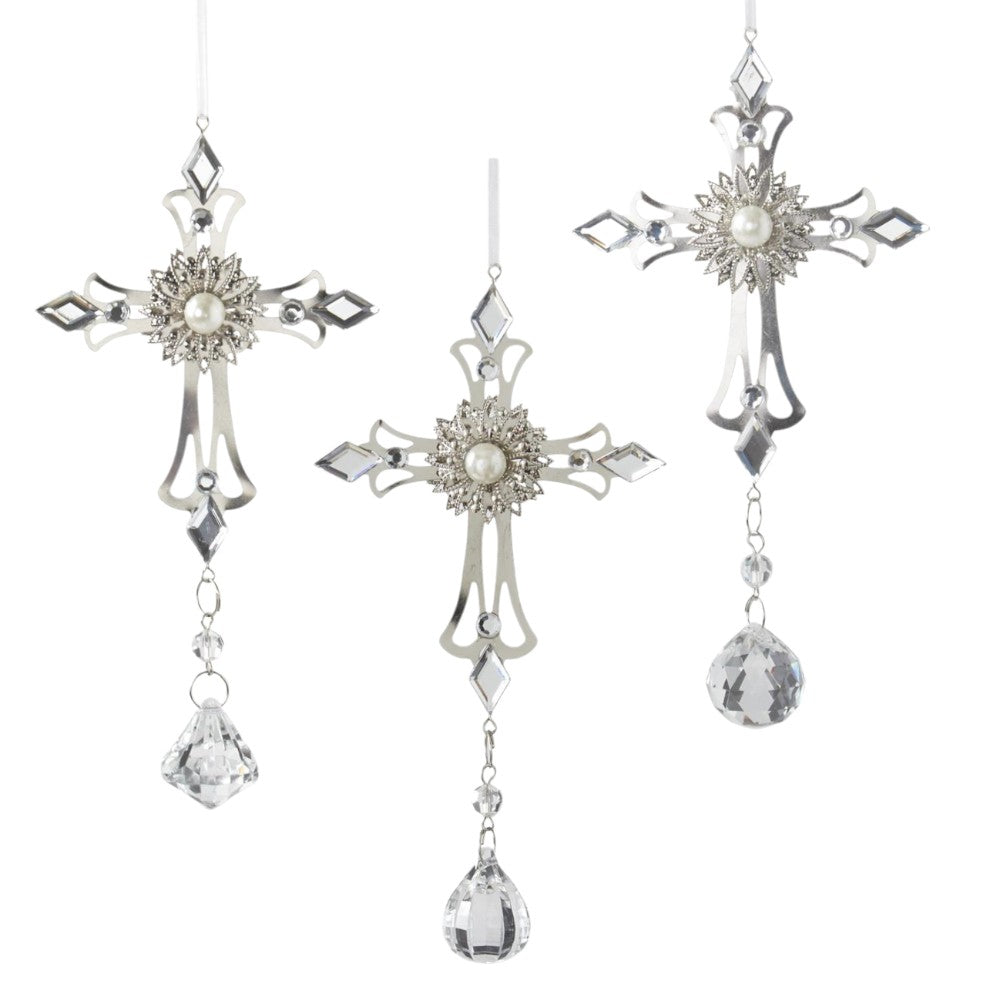 6.5&#x22; Cross Ornaments with Acrylic Pendants &#x2013; Elegant Christmas Decorations- Set of 3 PCS