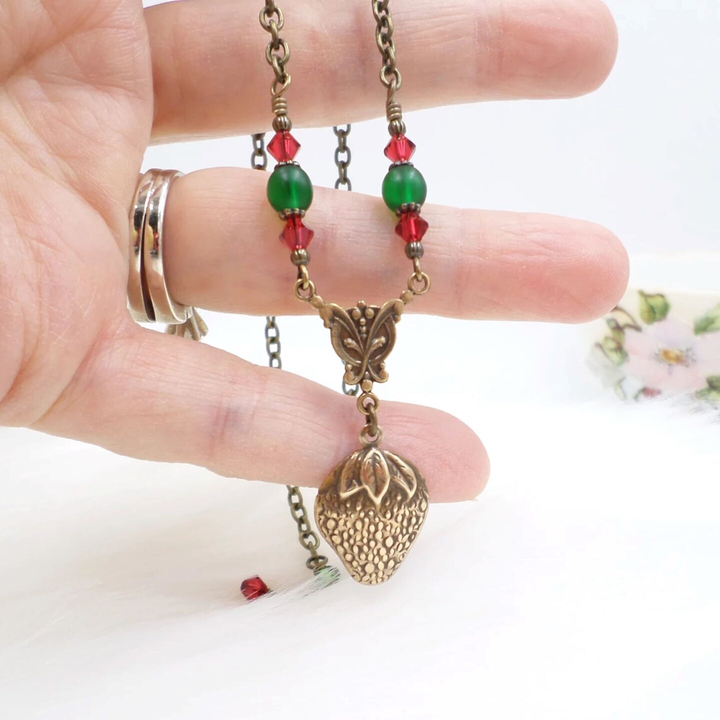Brass Strawberry Necklace, Cottagecore Necklace, Small Petite Handmade Beaded Jewelry, Nature Lover Gift, Goblincore Aesthetic, Green Red product 3