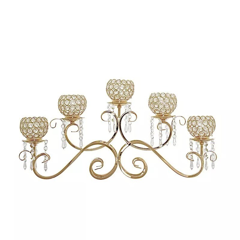 27&#x22; wide Gold Horizontal Candle Holder Crystal Beads Wedding Home Centerpiece