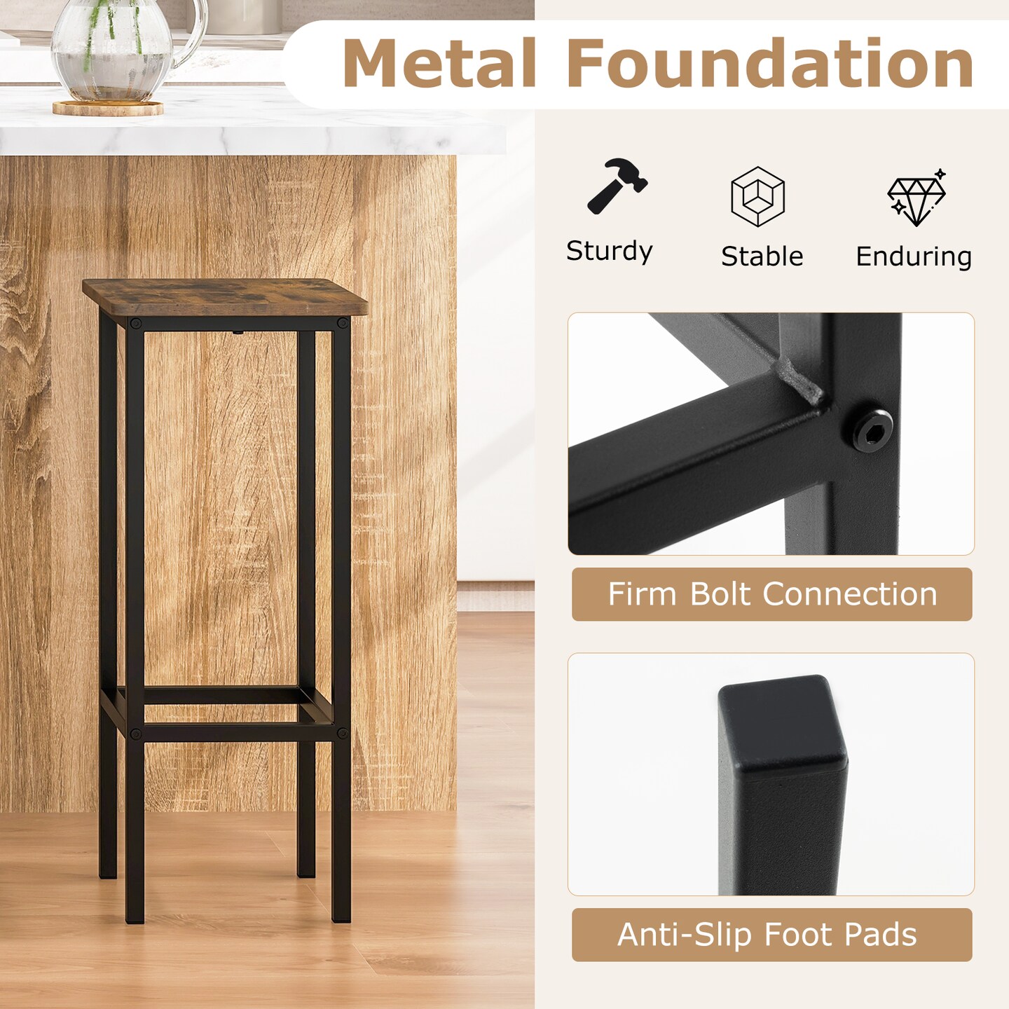 4-Piece Bar Stool Set with Coffee Upholstery and Metal Legs with Footrest - 12&#x22; x 12&#x22; x 28&#x22;
