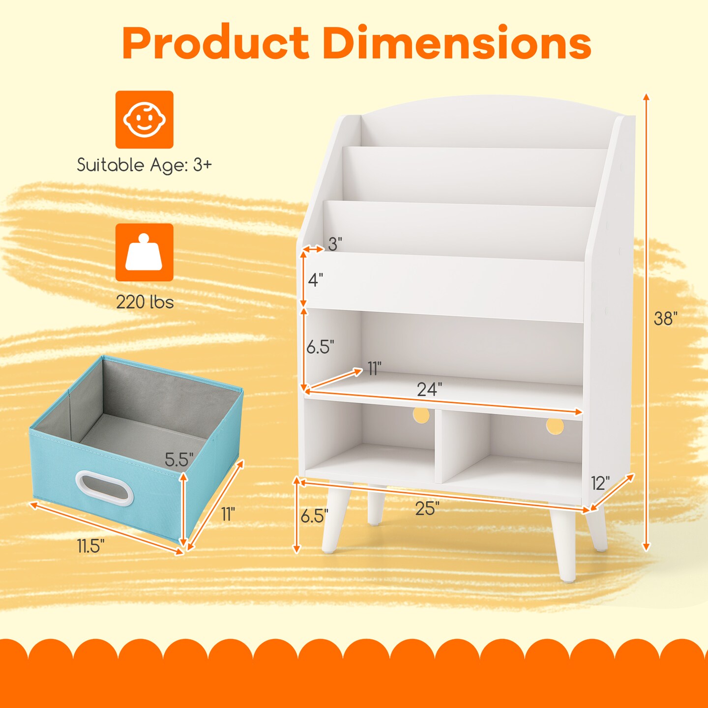Toddlers Bookshelf with Open Compartment and Two Fabric Drawers - 25&#x22; x 12&#x22; x 36&#x22;