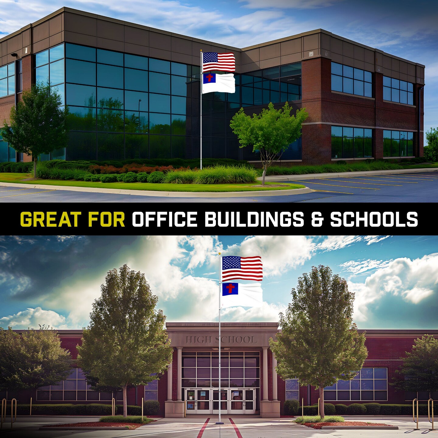 G128 Combo Pack: 20 Ft Telescoping Aluminum Flagpole (Silver) & American and Christian Flags 3x5 Ft, Both ToughWeave Series Embroidered Polyester | Pole with Flags Included