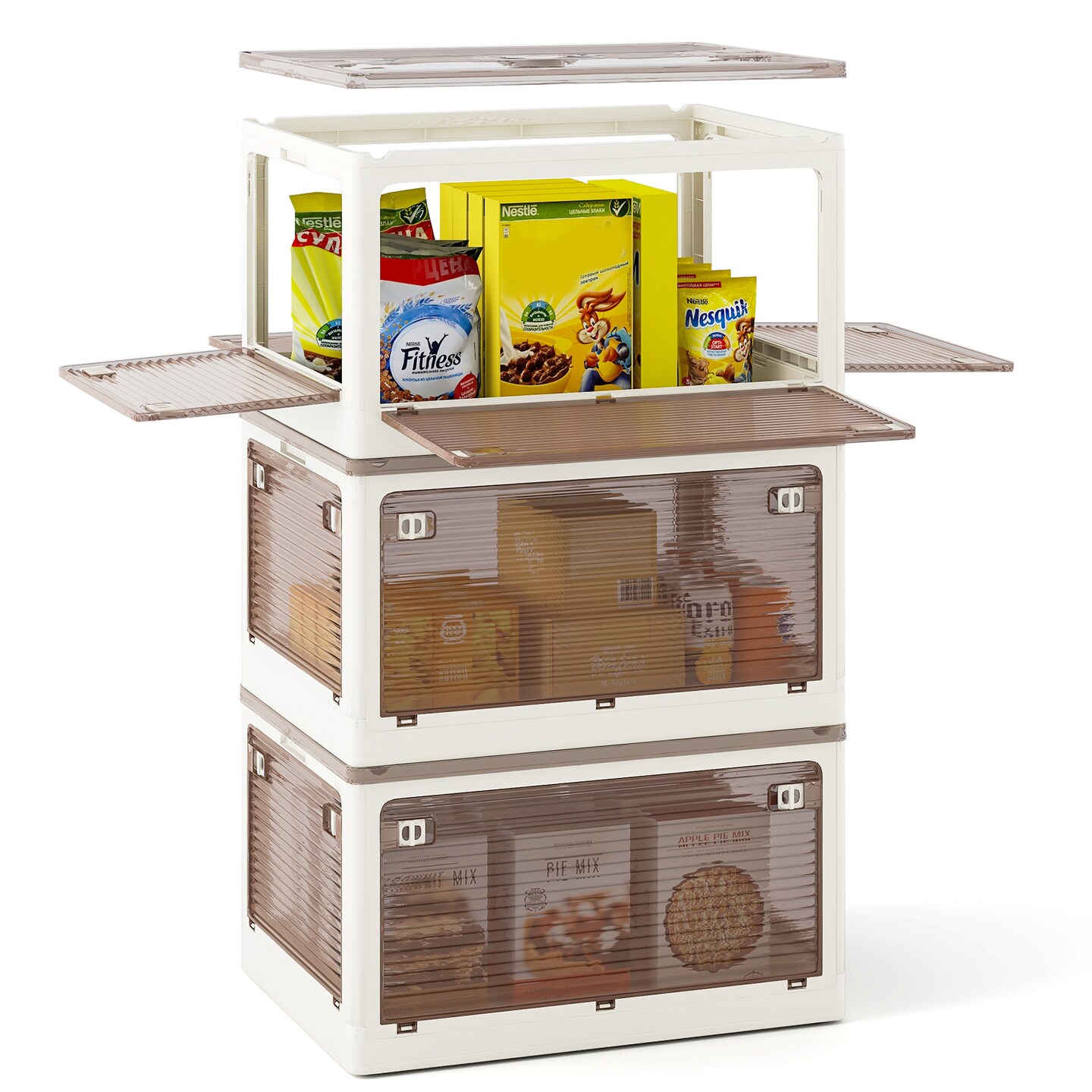 3-Pack Foldable Storage Bins with Top Lid Wheels and Push Latch Doors for Home Organization