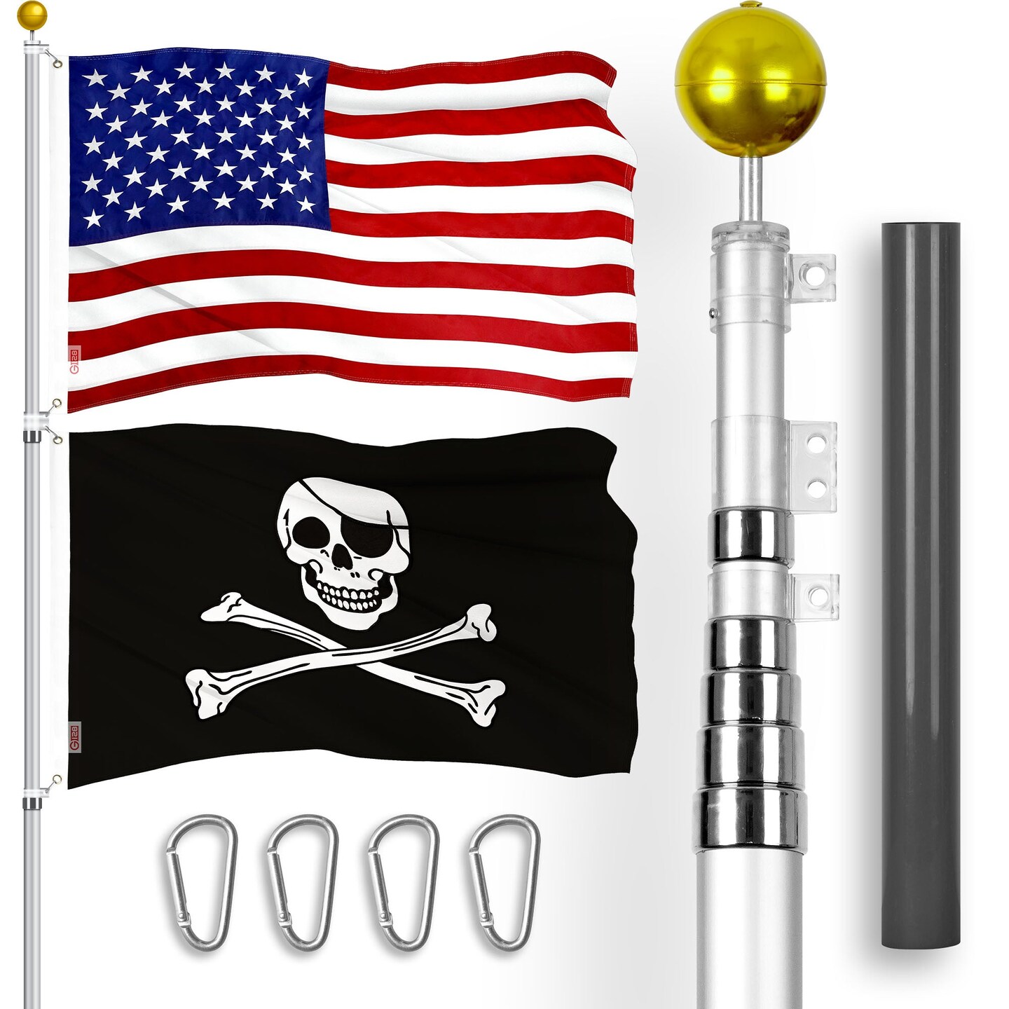 G128 Combo Pack: 20 Ft Telescoping Aluminum Flagpole (Silver) &#x26; American and Pirate Jolly Roger Bones Flags 3x5 Ft, Both ToughWeave Series Embroidered Polyester | Pole with Flags Included