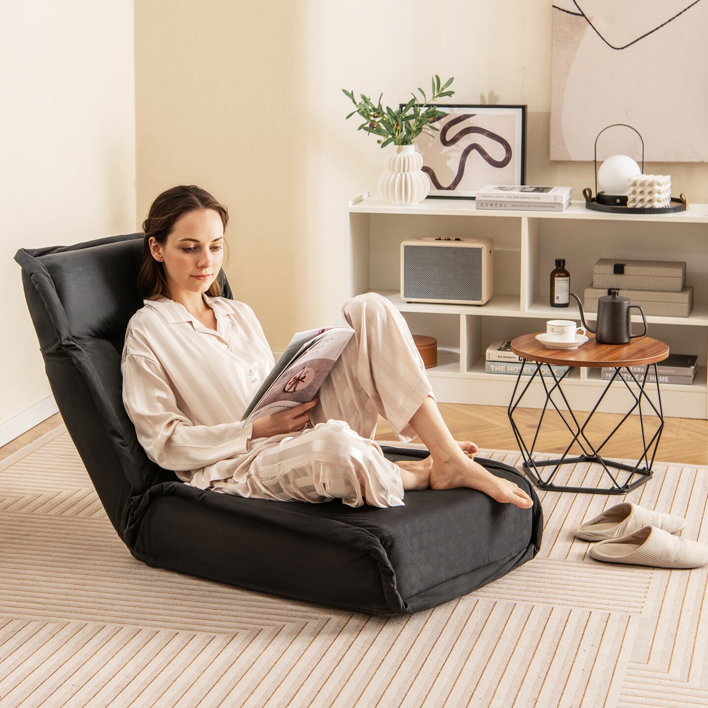 Folding Floor Chair Convertible Lazy Chair with 14-Poistion Adjustable Backrest