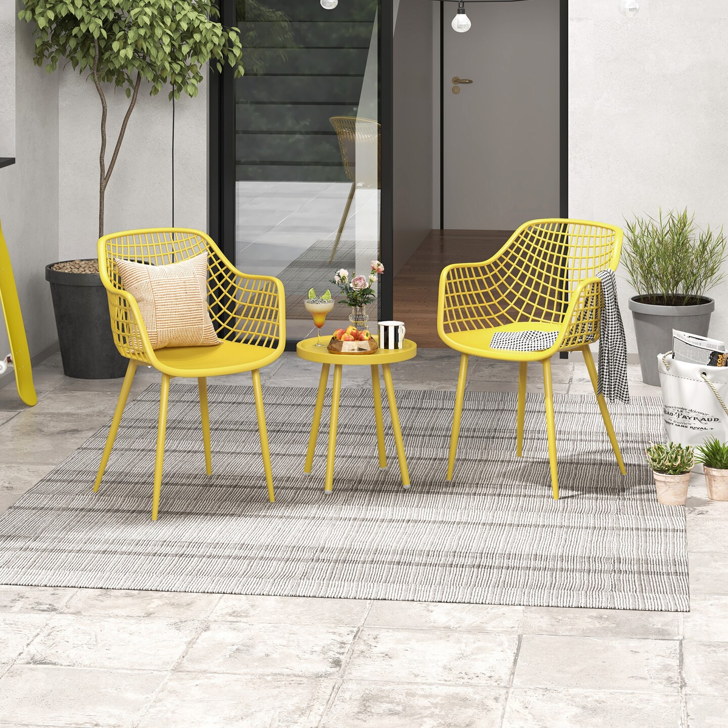 3 Piece Patio Chair Set with PP Seat and Tabletop for Porch - 21.5&#x22;x 23&#x22; x 34&#x22; (L x W x H)