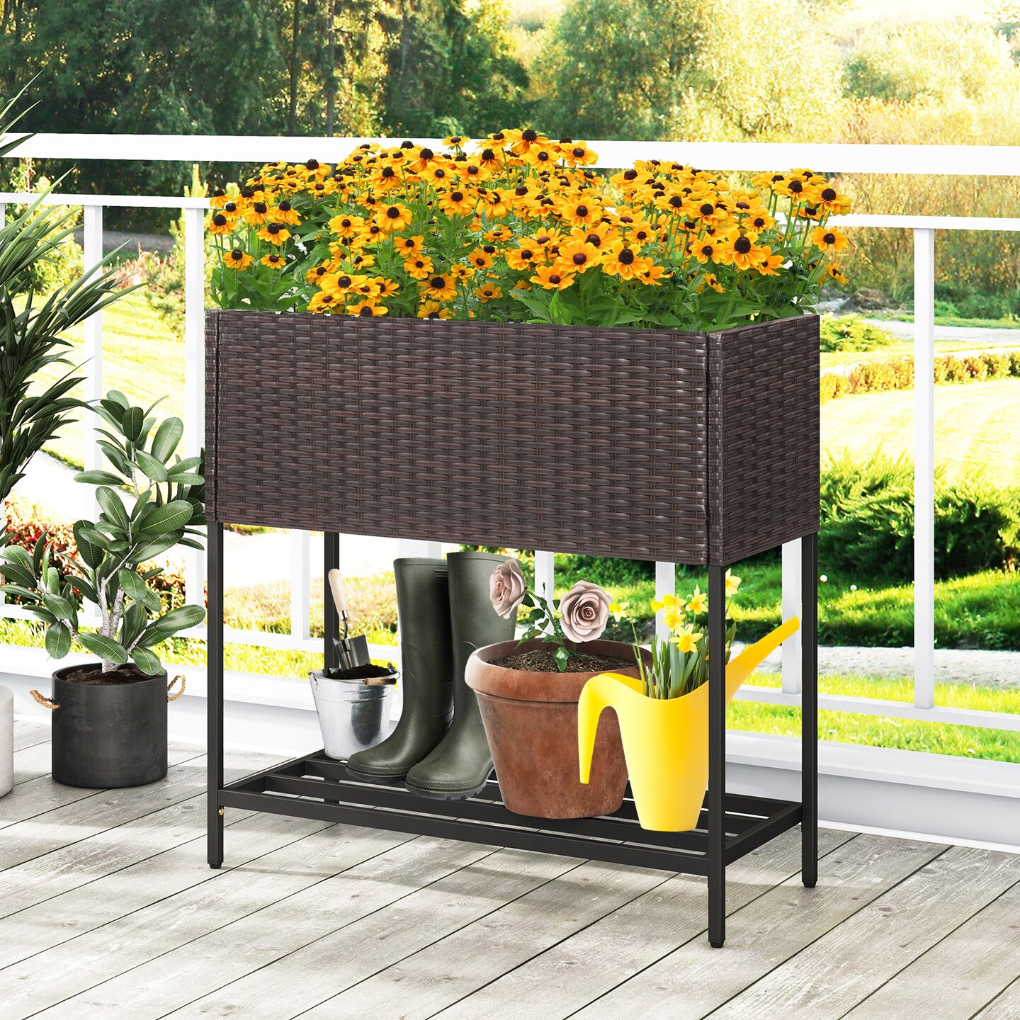Wicker Raised Garden Bed with Storage Shelf and Removable Liner for Flowers