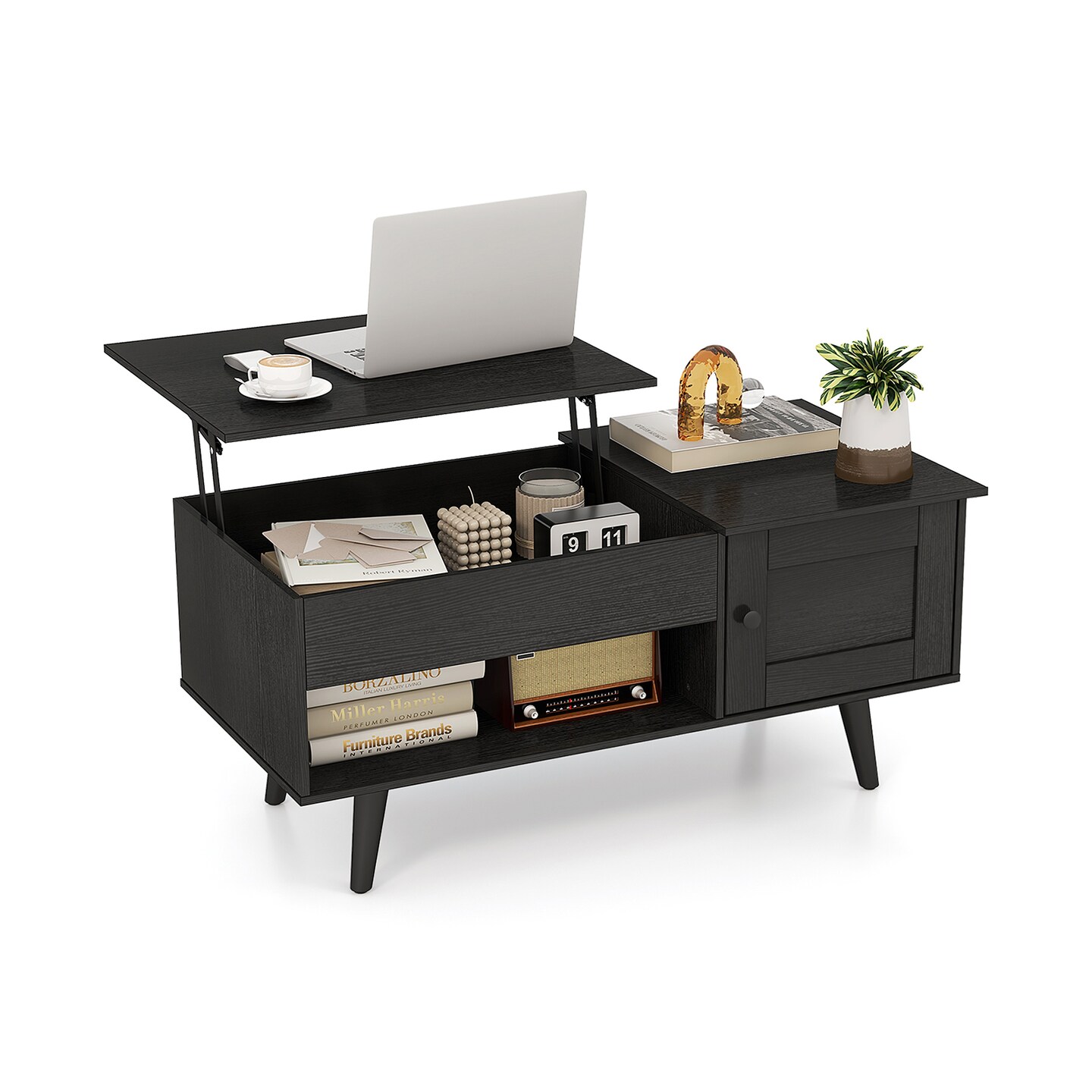 Modern Lift-Top Coffee Table with Hidden Compartment Open Shelf and Side Cabinet Wood Finish