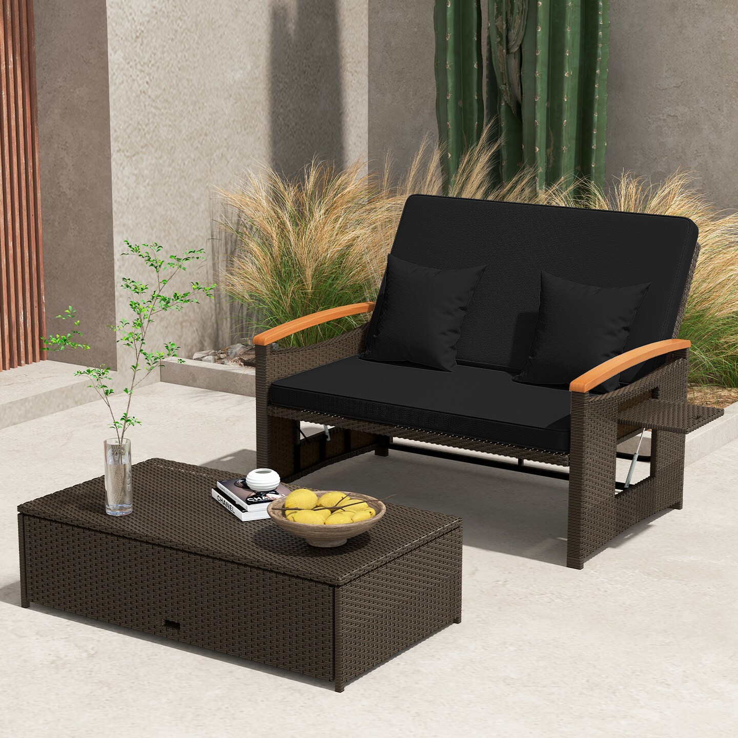 Outdoor Wicker Daybed with Folding Panels and Storage Ottoman
