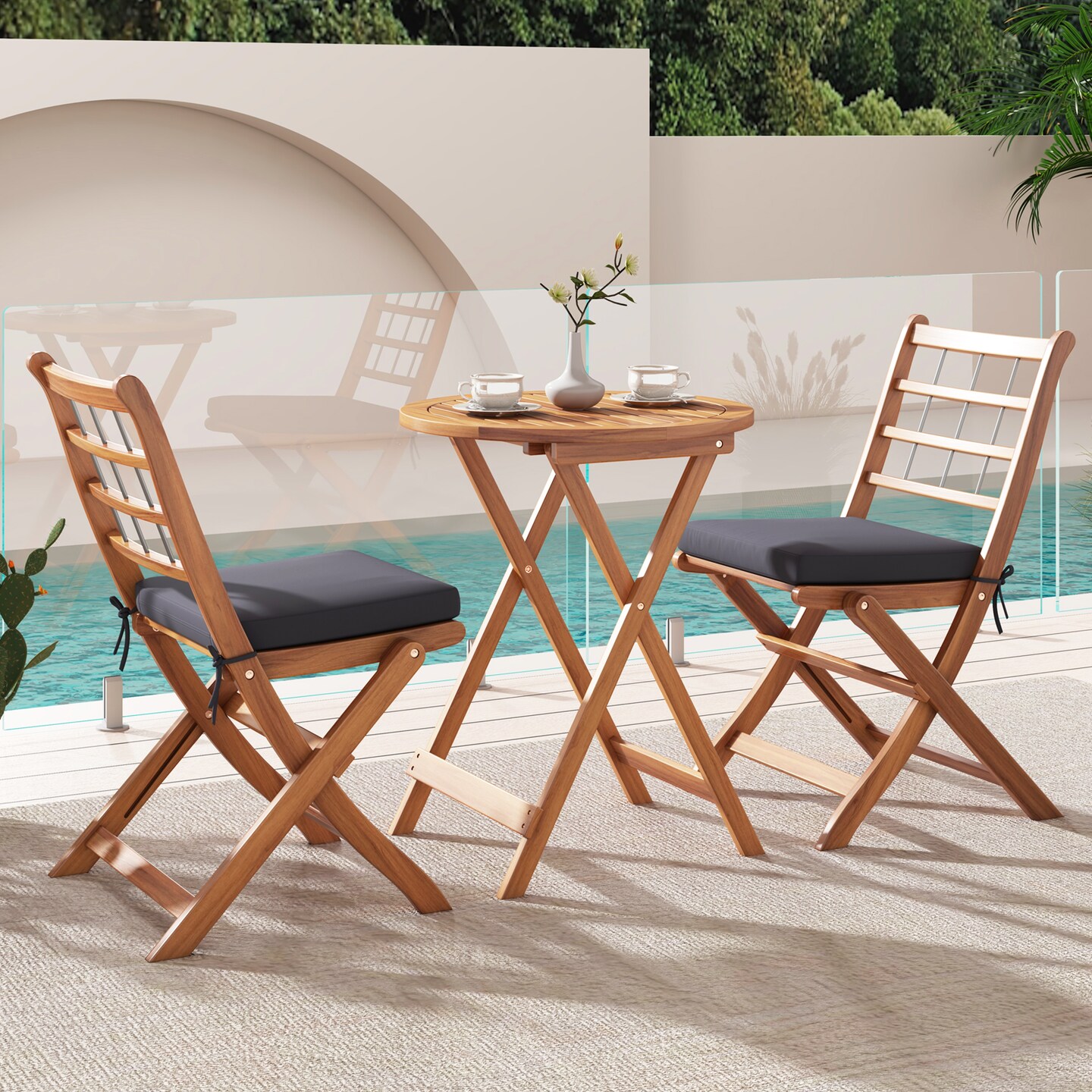 3 Pieces Acacia Wood Patio Bistro Set with Cushions