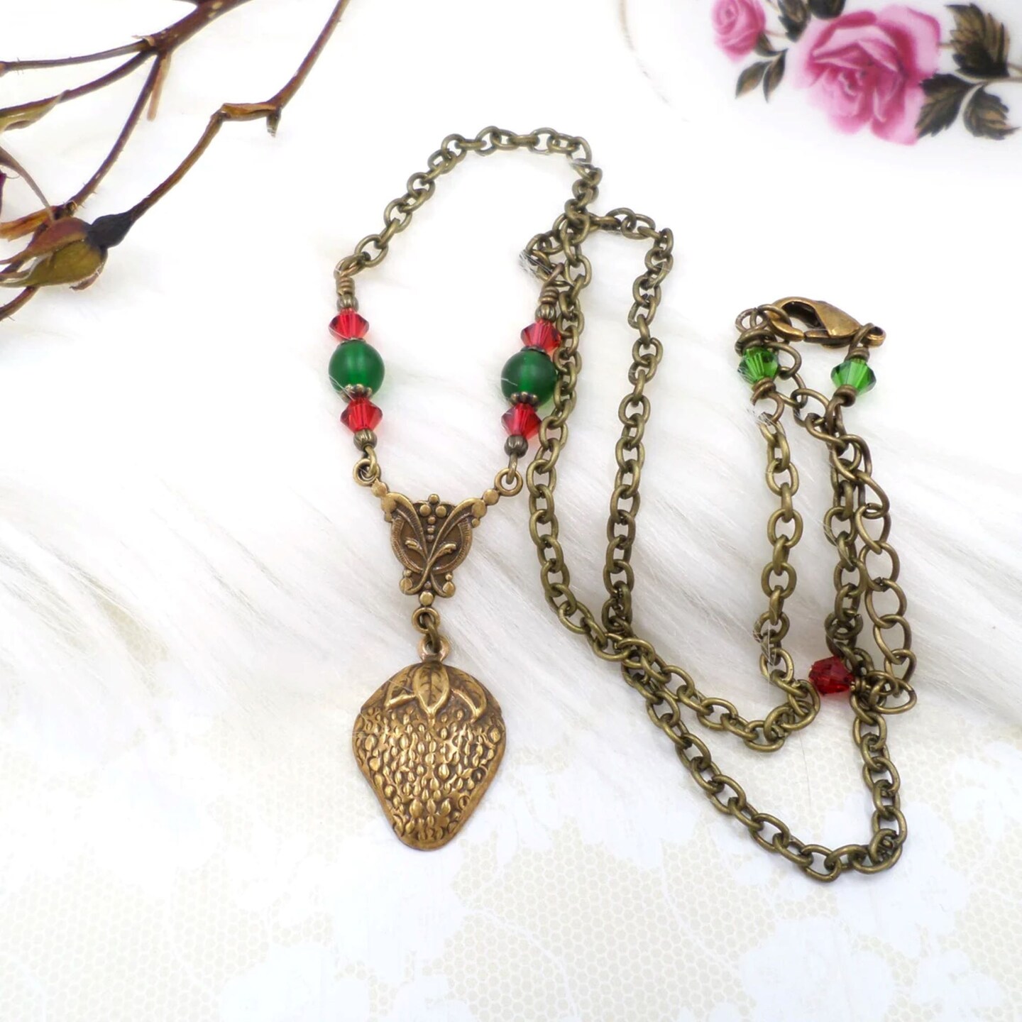 Brass Strawberry Necklace, Cottagecore Necklace, Small Petite Handmade Beaded Jewelry, Nature Lover Gift, Goblincore Aesthetic, Green Red product 4