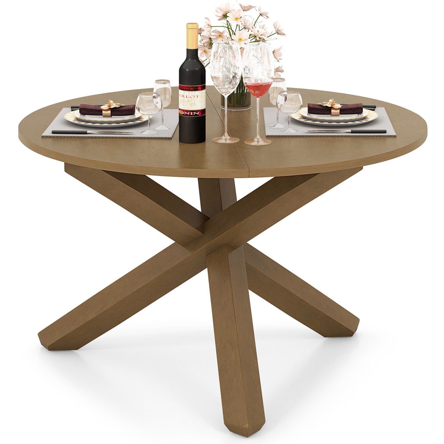 47 Inch Round Wooden Dining Table Natural Acacia Rubber Wood Kitchen Table