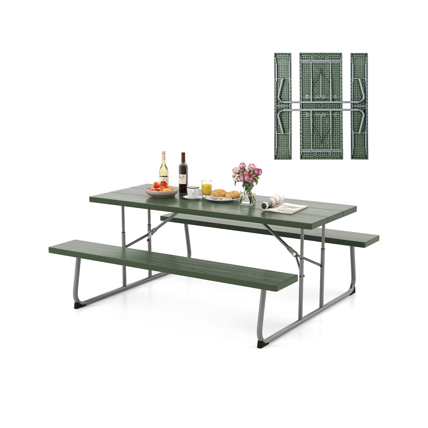 Folding Picnic Table Set with Metal Frame and All-Weather HDPE Tabletop, Umbrella Hole - 72&#x22; x 64&#x22; x 29&#x22; (L x W x H)